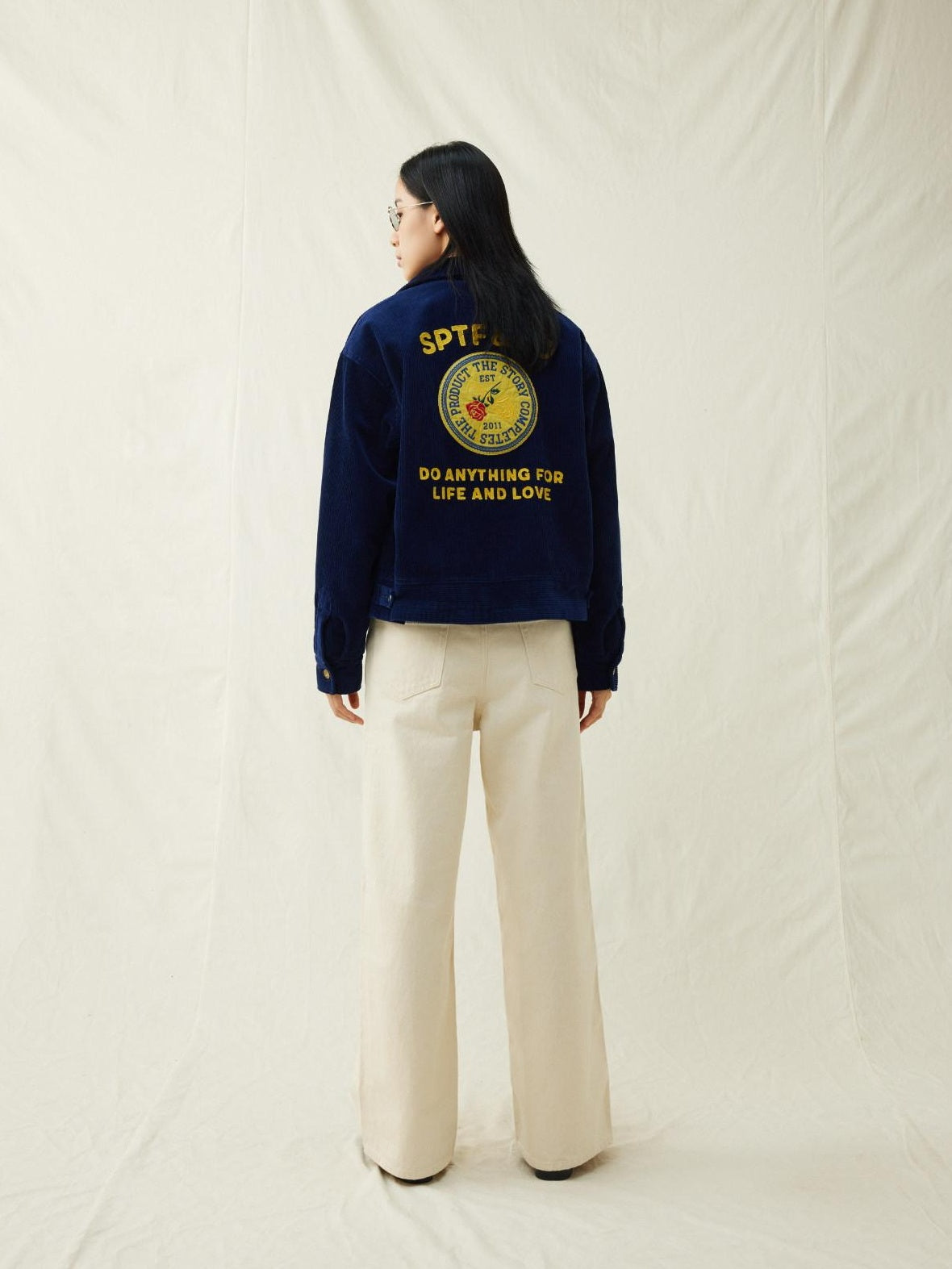 SUPERTOFU Embroidered Corduroy Loose Fit Workwear Lapel Zipper Blue Unisex Rose Utility Jackets