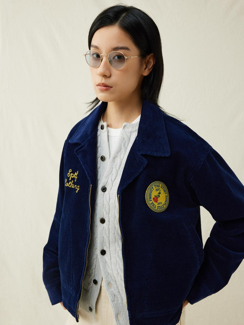 SUPERTOFU Embroidered Corduroy Loose Fit Workwear Lapel Zipper Blue Unisex Rose Utility Jackets