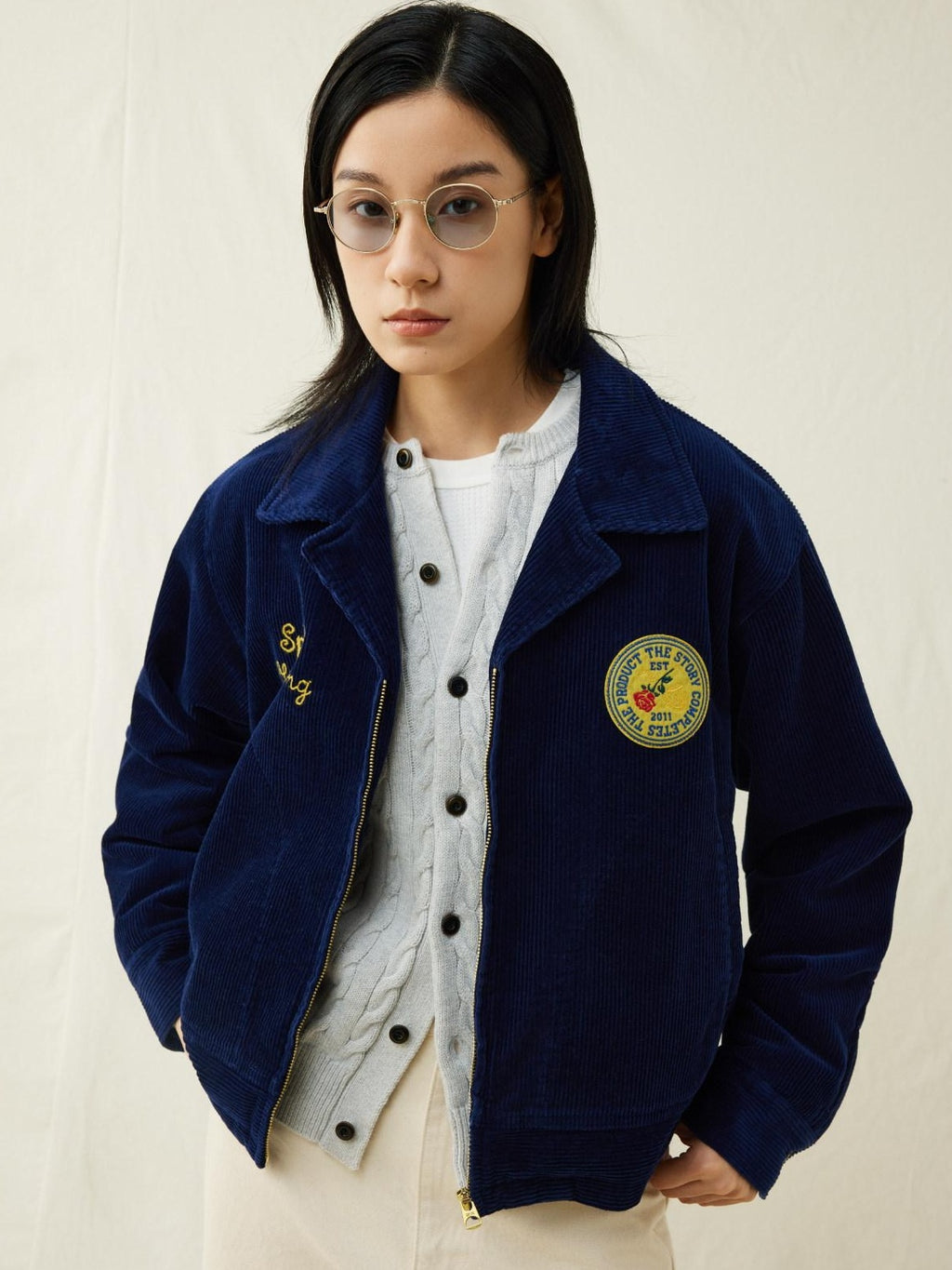 SUPERTOFU Embroidered Corduroy Loose Fit Workwear Lapel Zipper Blue Unisex Rose Utility Jackets
