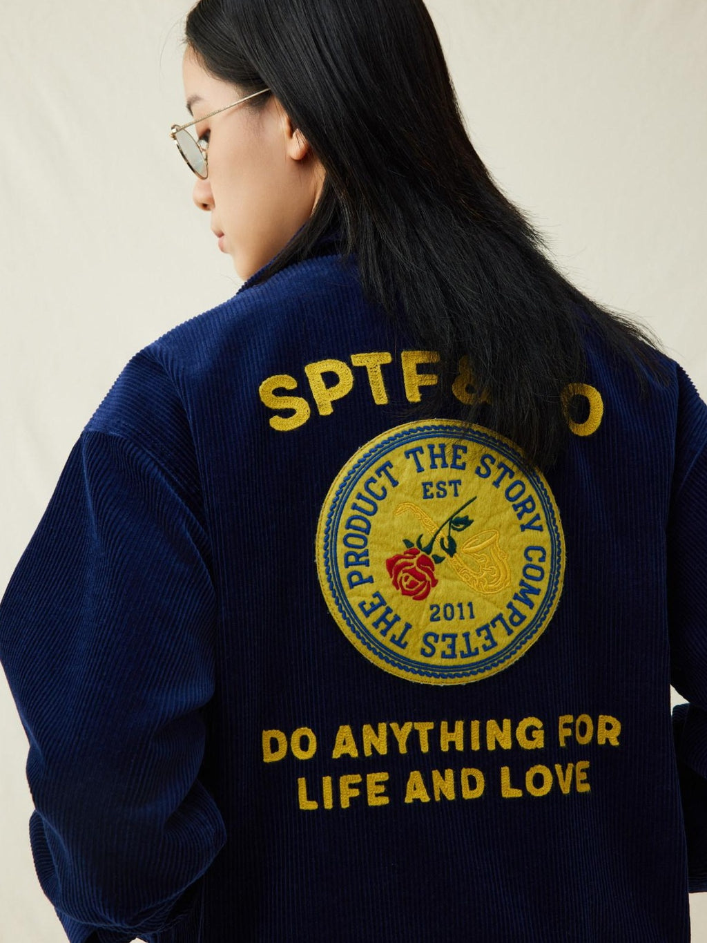 SUPERTOFU Embroidered Corduroy Loose Fit Workwear Lapel Zipper Blue Unisex Rose Utility Jackets