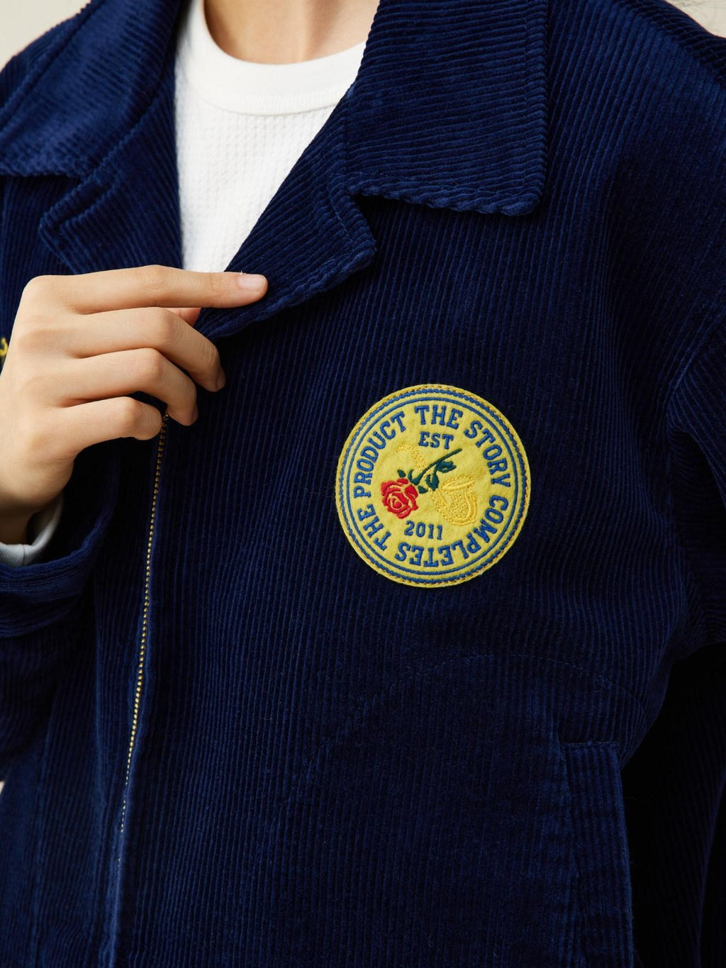 SUPERTOFU Embroidered Corduroy Loose Fit Workwear Lapel Zipper Blue Unisex Rose Utility Jackets