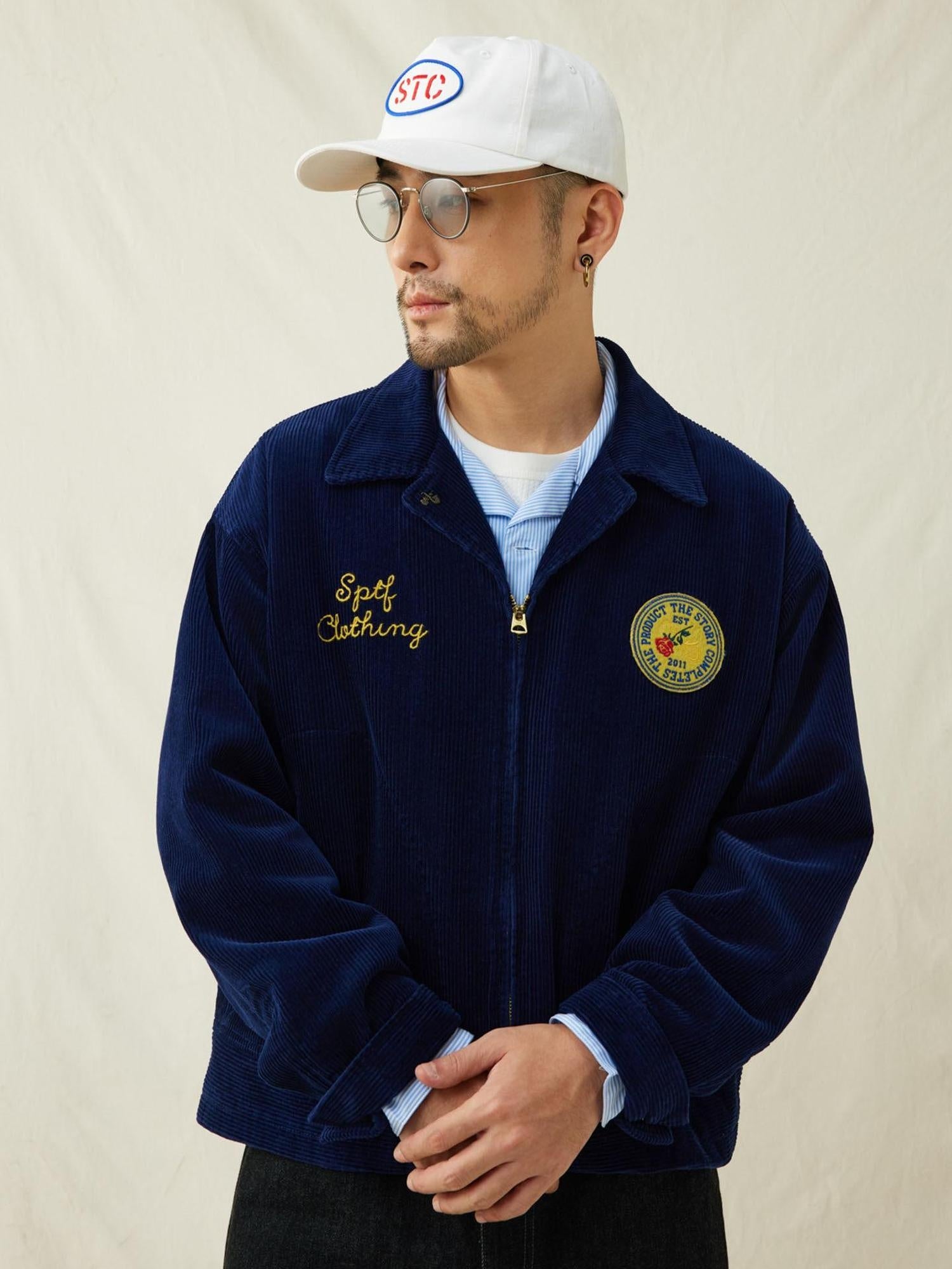 SUPERTOFU Embroidered Corduroy Loose Fit Workwear Lapel Zipper Blue Unisex Rose Utility Jackets