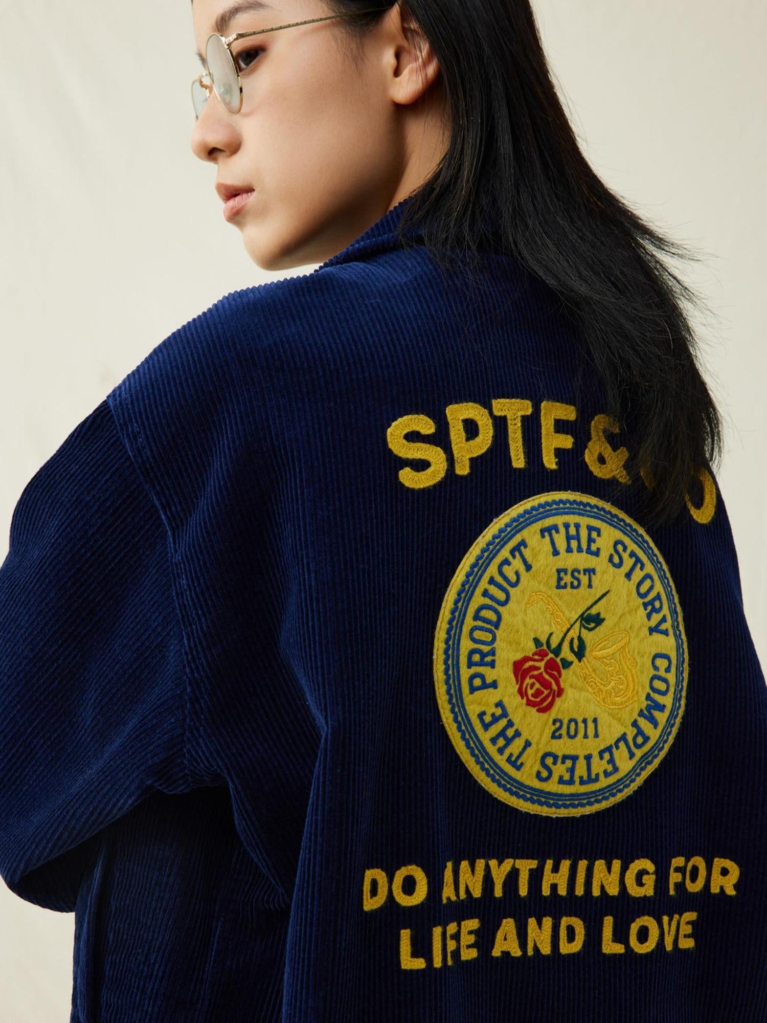 SUPERTOFU Embroidered Corduroy Loose Fit Workwear Lapel Zipper Blue Unisex Rose Utility Jackets