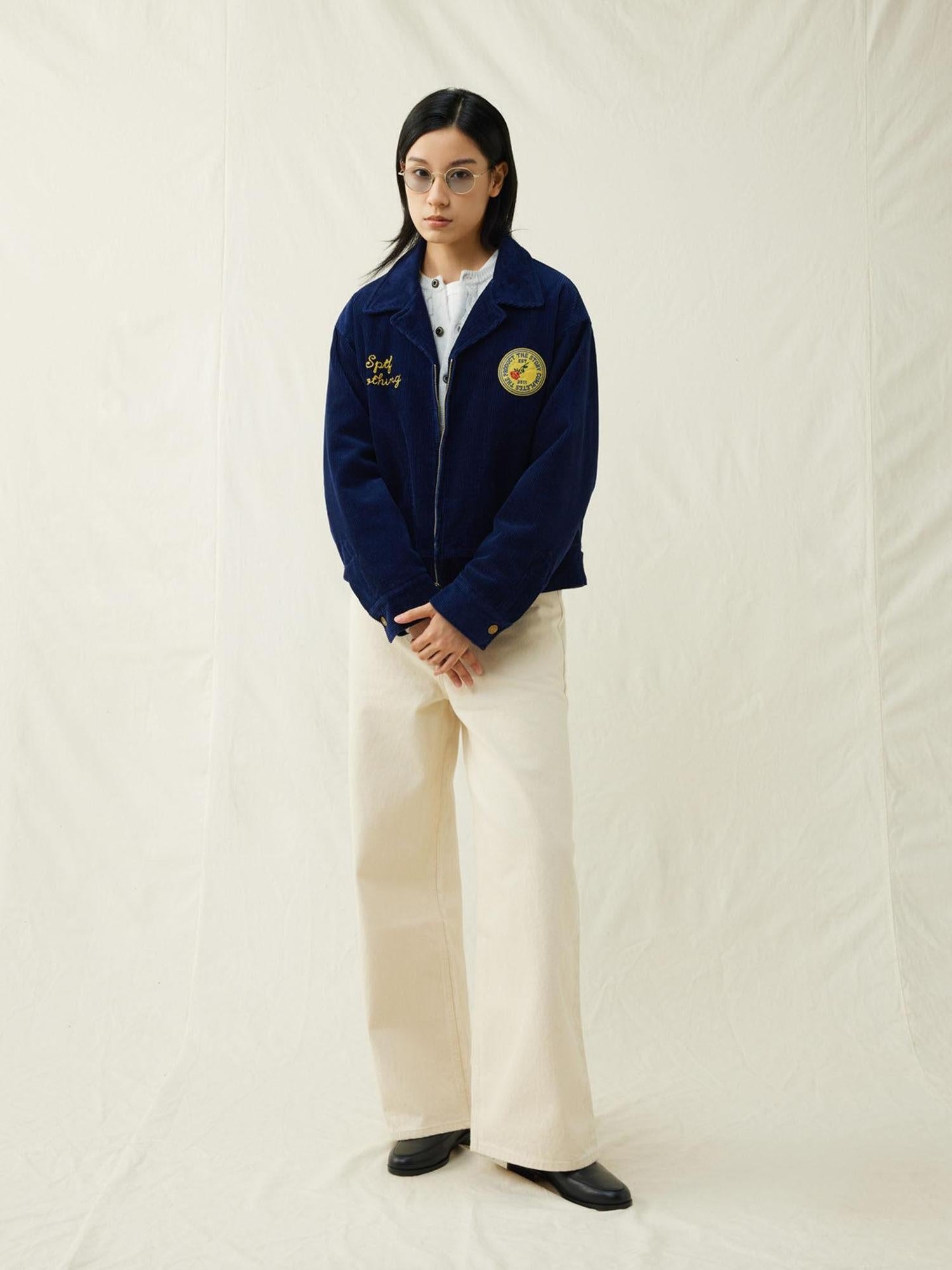 SUPERTOFU Embroidered Corduroy Loose Fit Workwear Lapel Zipper Blue Unisex Rose Utility Jackets