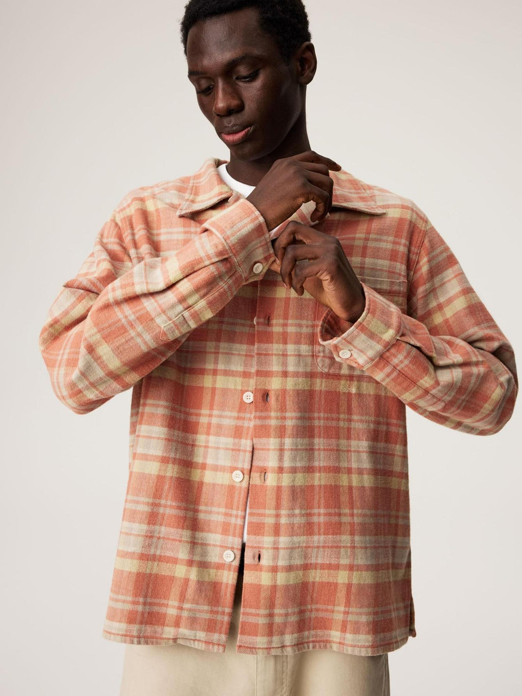 SUPERTOFU Embroidered Orange Cotton Flannel Loose Retro Cuban Collar Unisex Check Shirts