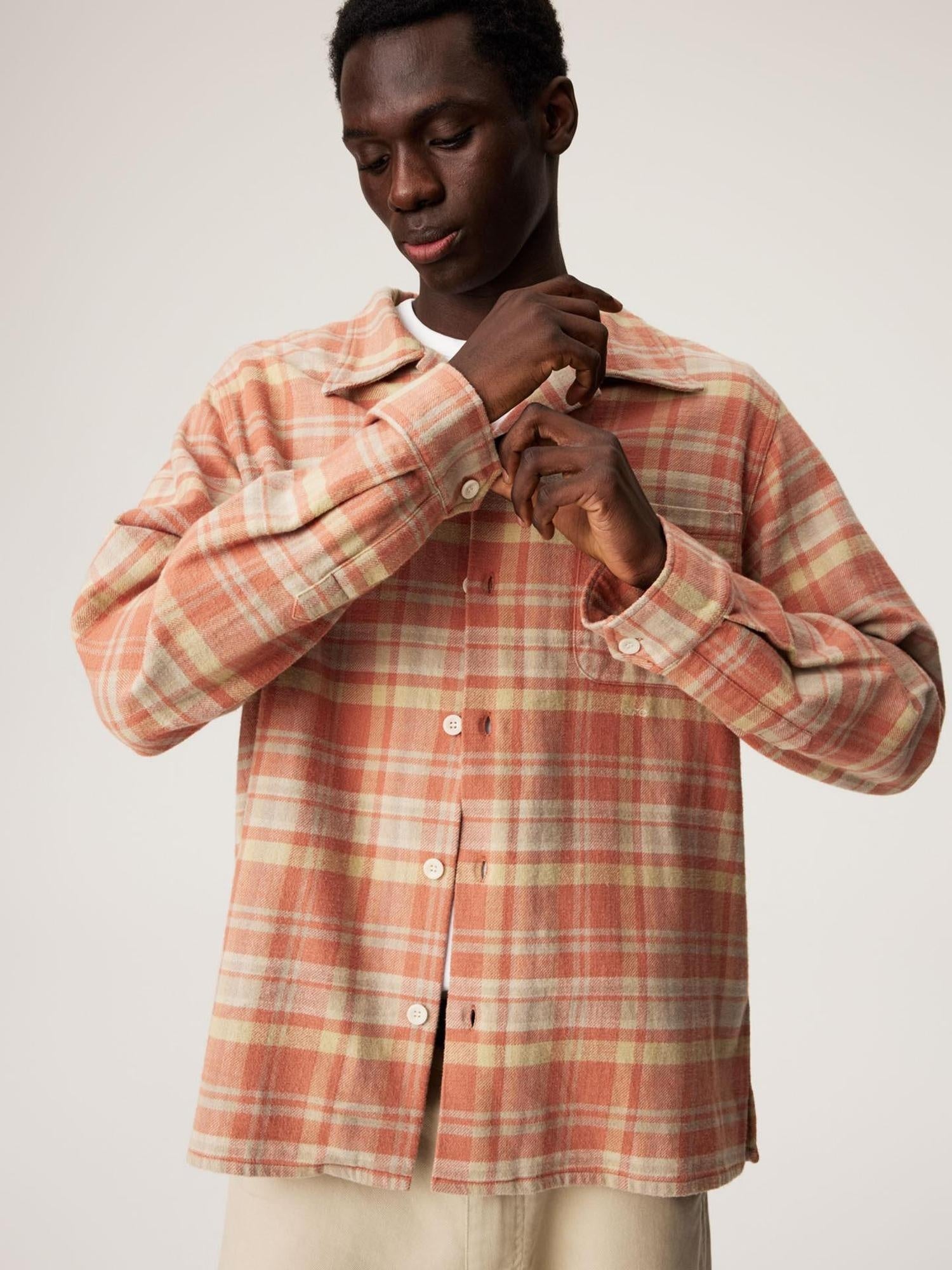 SUPERTOFU Embroidered Orange Cotton Flannel Loose Retro Cuban Collar Unisex Check Shirts