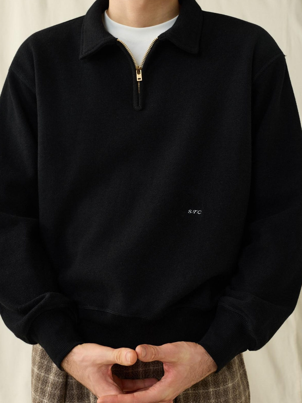 SUPERTOFU Fleece Lined Loose Fit Half Zip Turn Down Collar Unisex Cotton Blend Sweatshirts