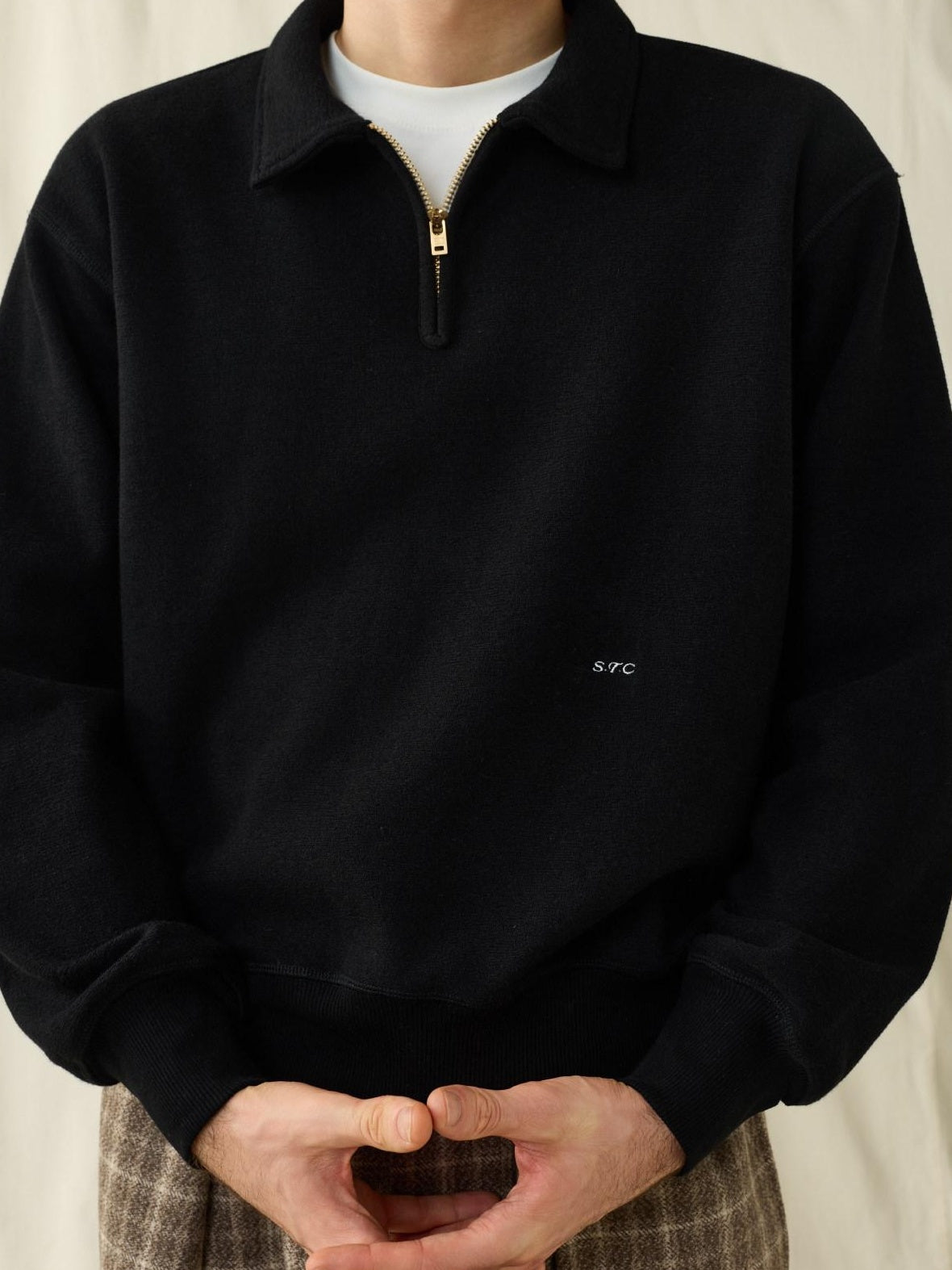 SUPERTOFU Fleece Lined Loose Fit Half Zip Turn Down Collar Unisex Cotton Blend Sweatshirts