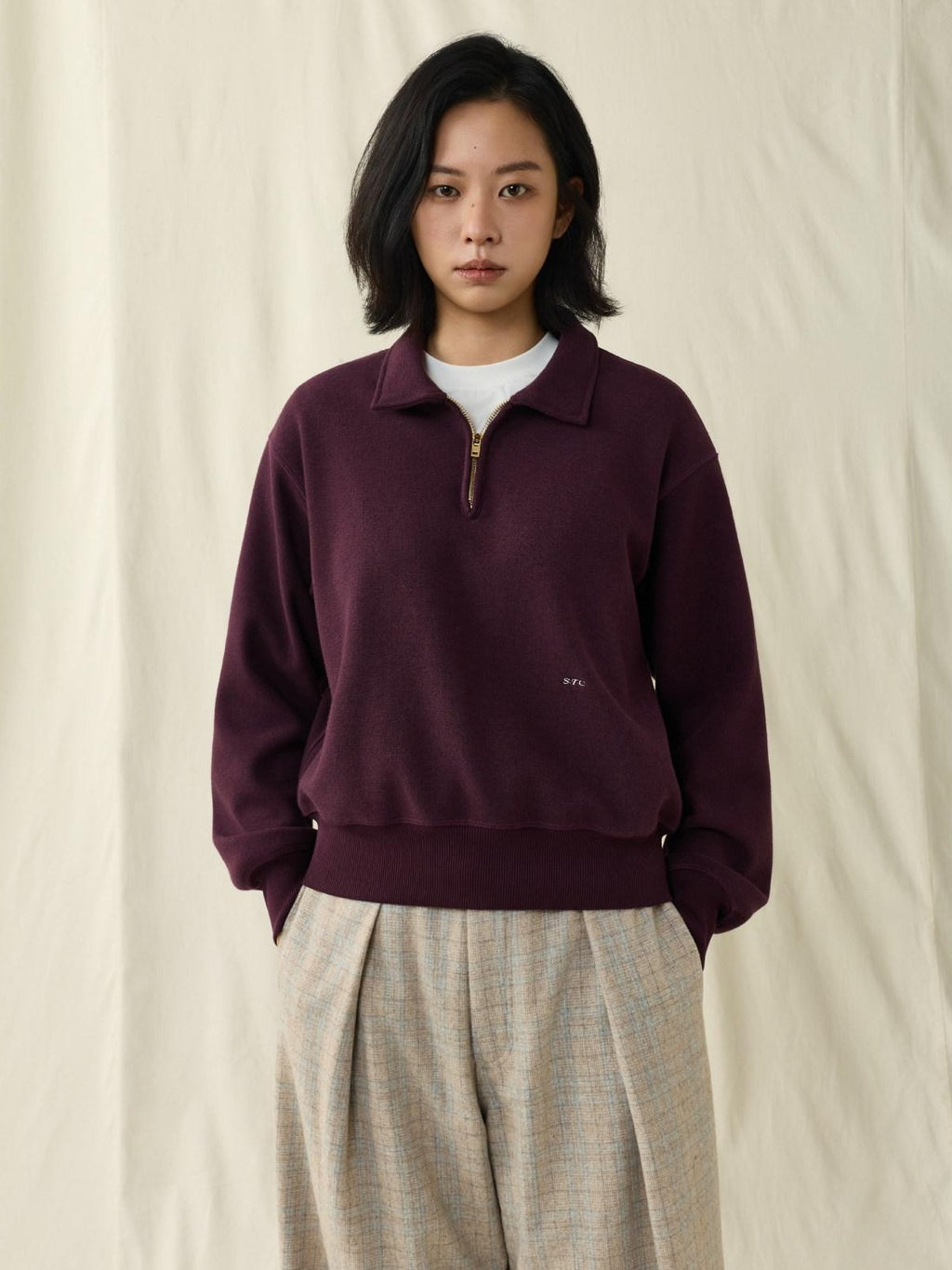 SUPERTOFU Fleece Lined Loose Fit Half Zip Turn Down Collar Unisex Cotton Blend Sweatshirts