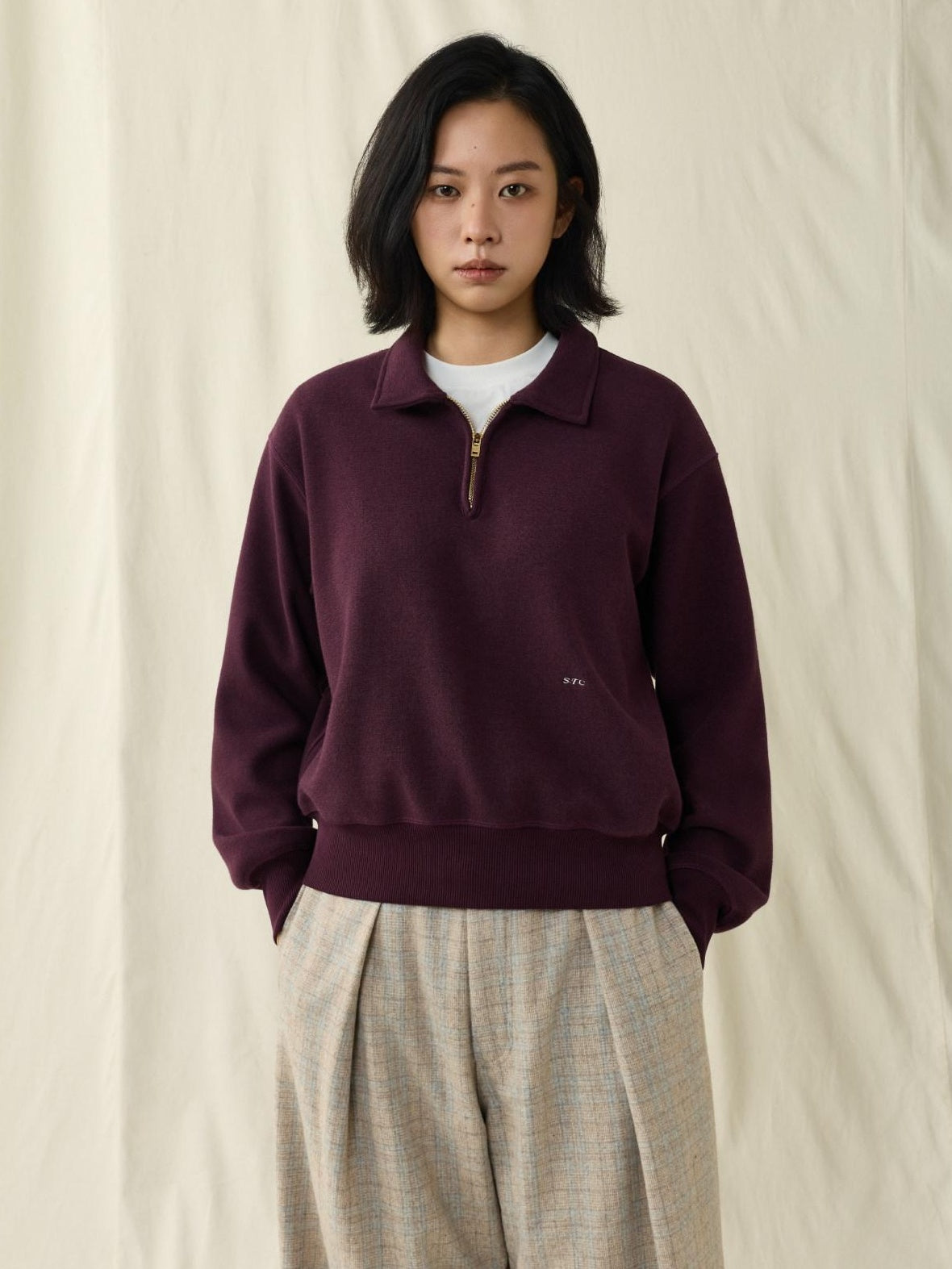 SUPERTOFU Fleece Lined Loose Fit Half Zip Turn Down Collar Unisex Cotton Blend Sweatshirts