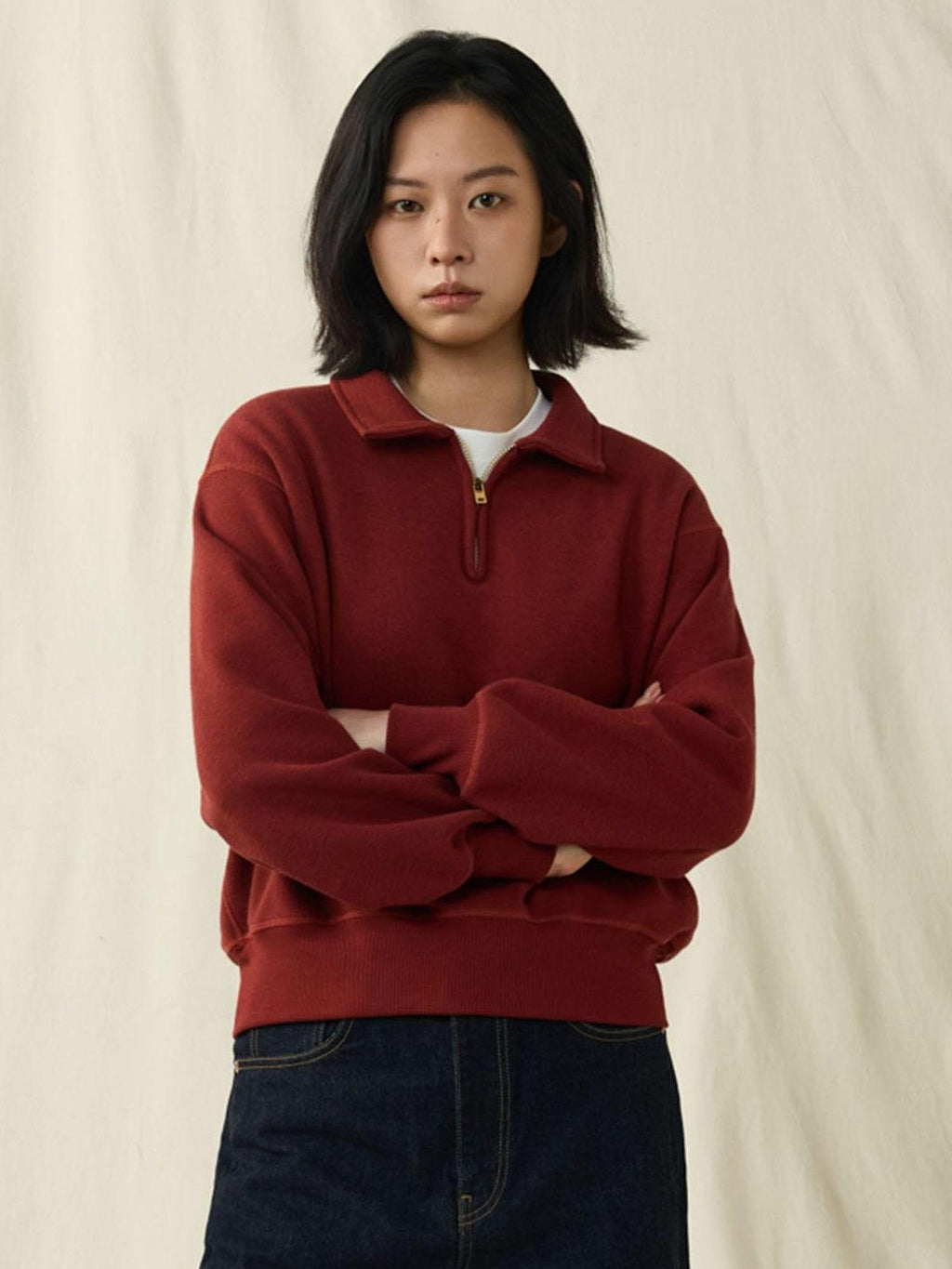 SUPERTOFU Fleece Lined Loose Fit Half Zip Turn Down Collar Unisex Cotton Blend Sweatshirts