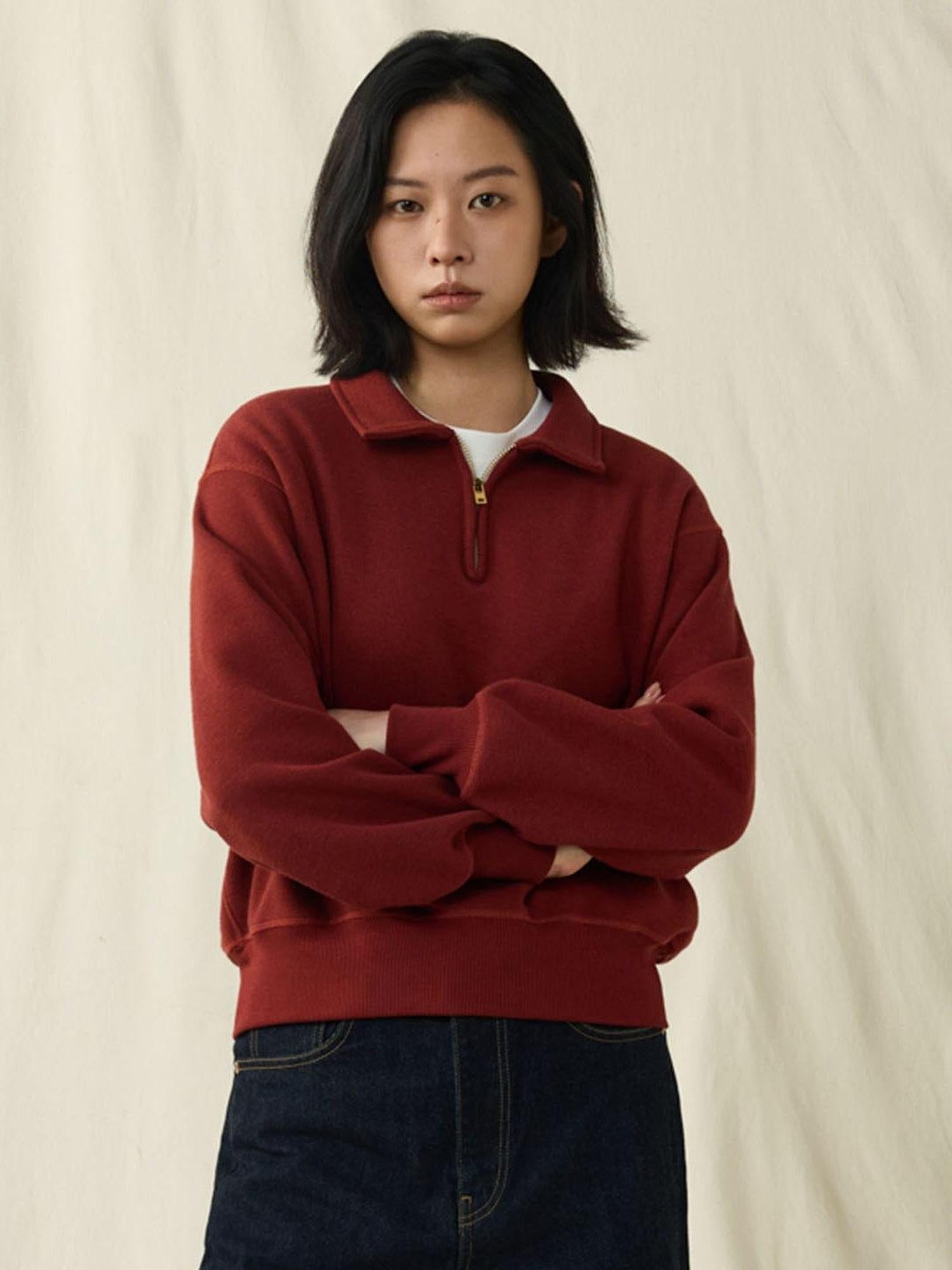 SUPERTOFU Fleece Lined Loose Fit Half Zip Turn Down Collar Unisex Cotton Blend Sweatshirts