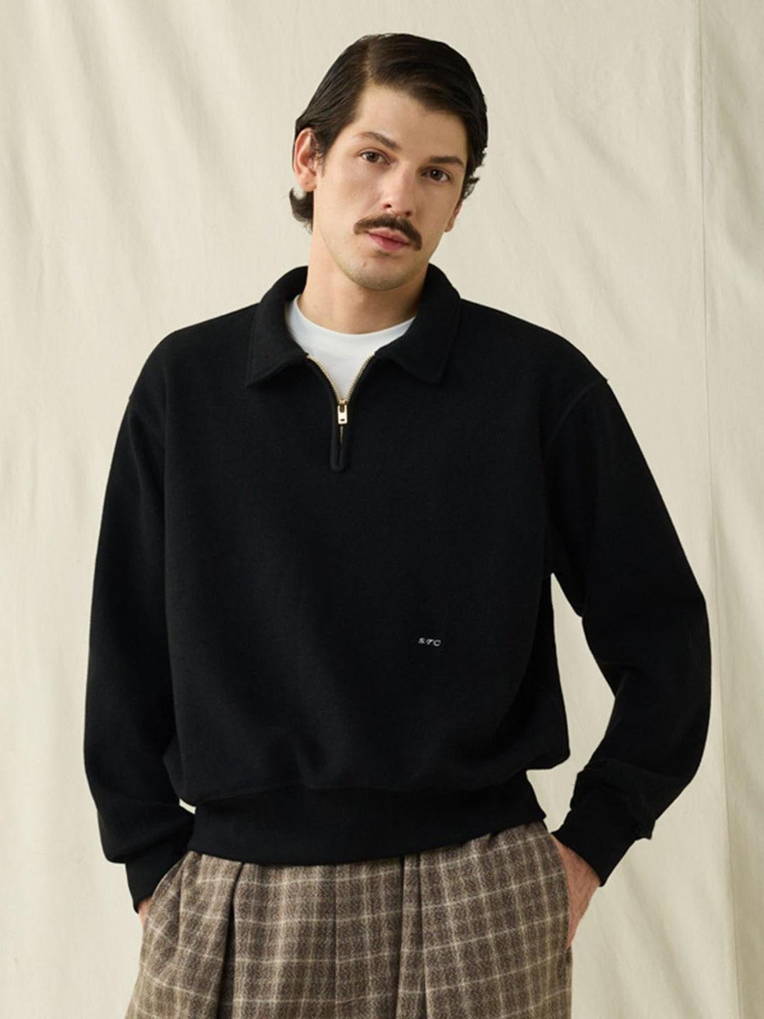 SUPERTOFU Fleece Lined Loose Fit Half Zip Turn Down Collar Unisex Cotton Blend Sweatshirts