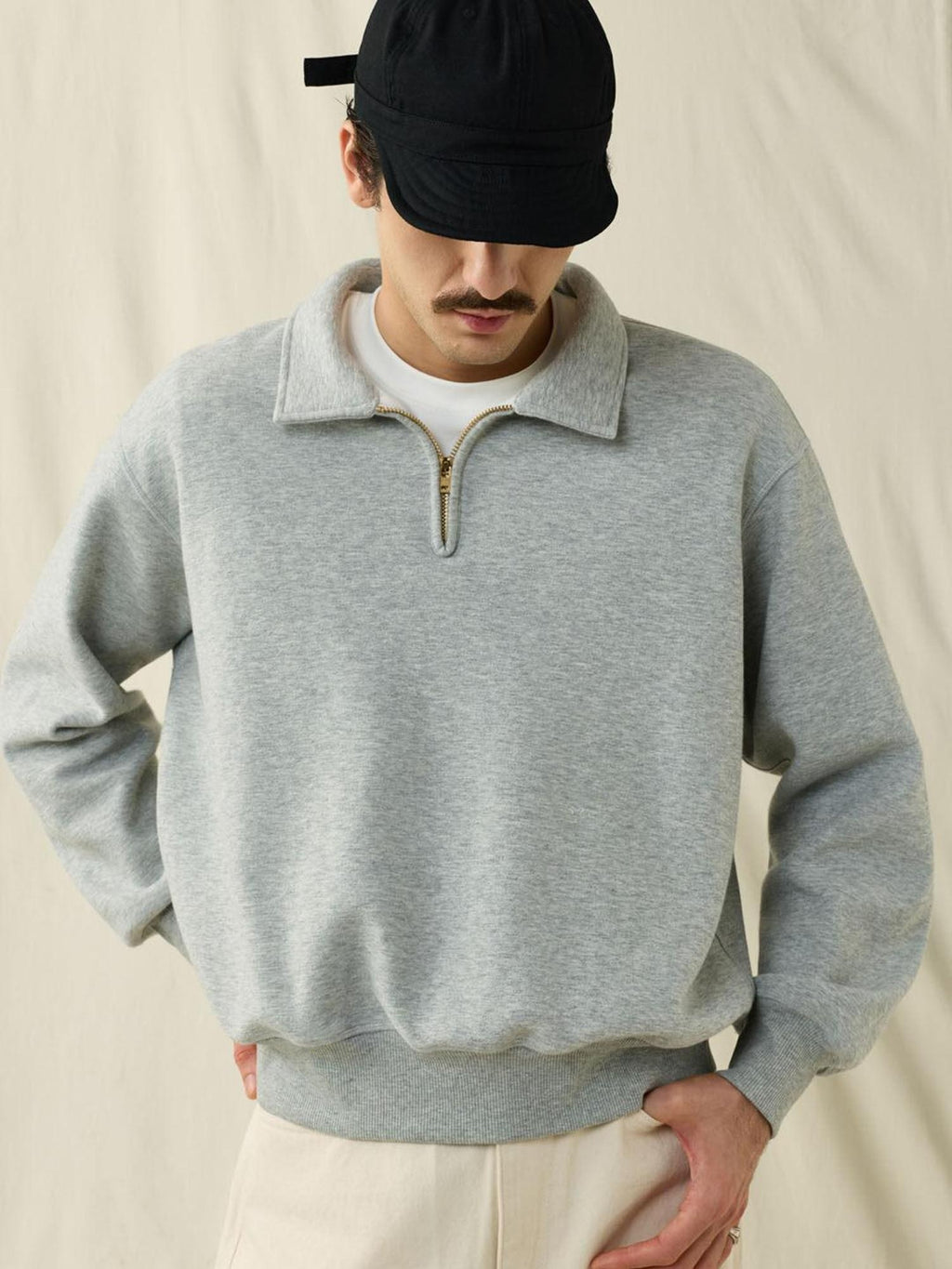 SUPERTOFU Fleece Lined Loose Fit Half Zip Turn Down Collar Unisex Cotton Blend Sweatshirts