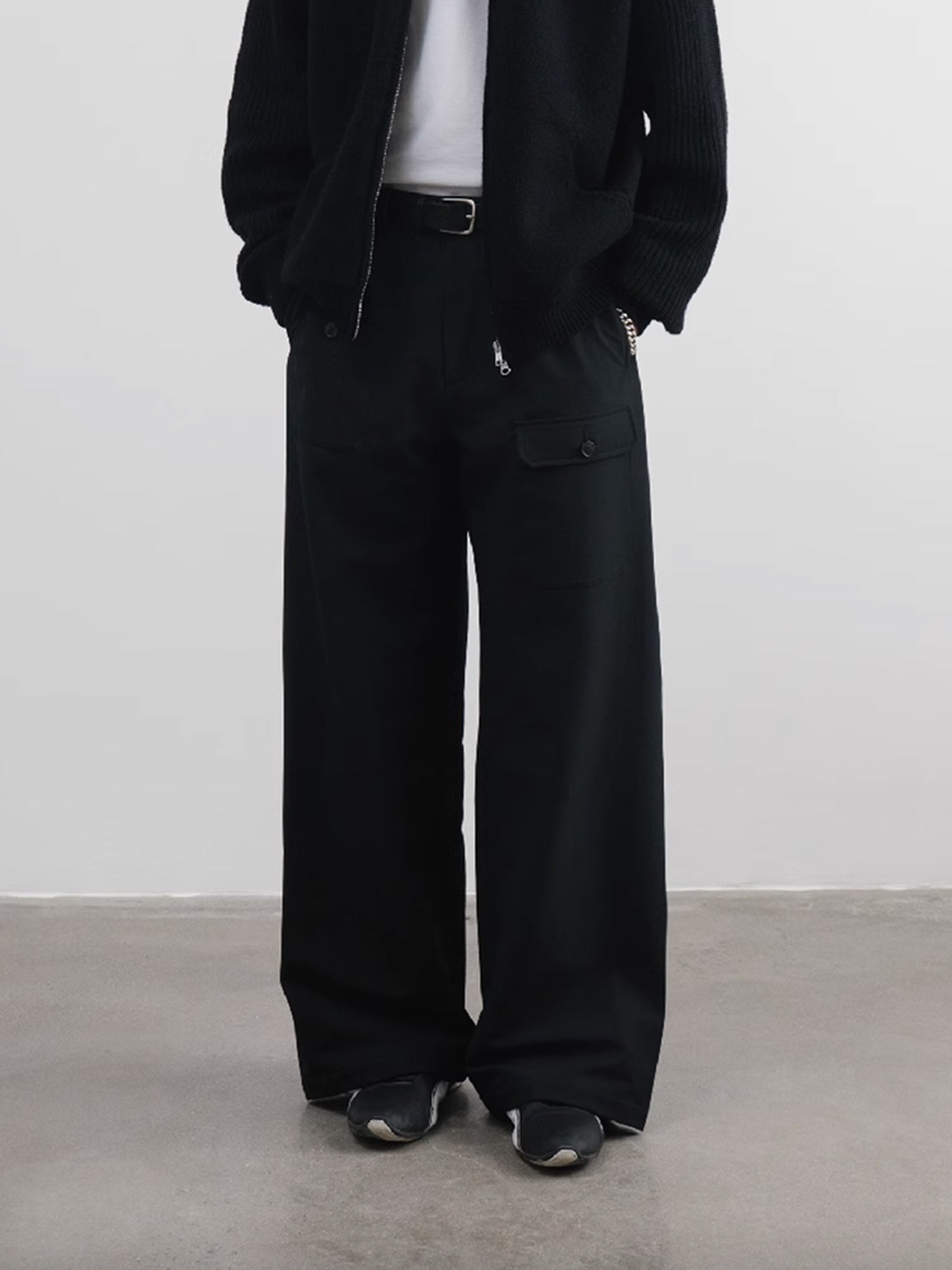 SUPERTOFU Fleece Lined Warm Straight Cut Mid Waist Casual Youth Black Solid Wide-Leg Pants
