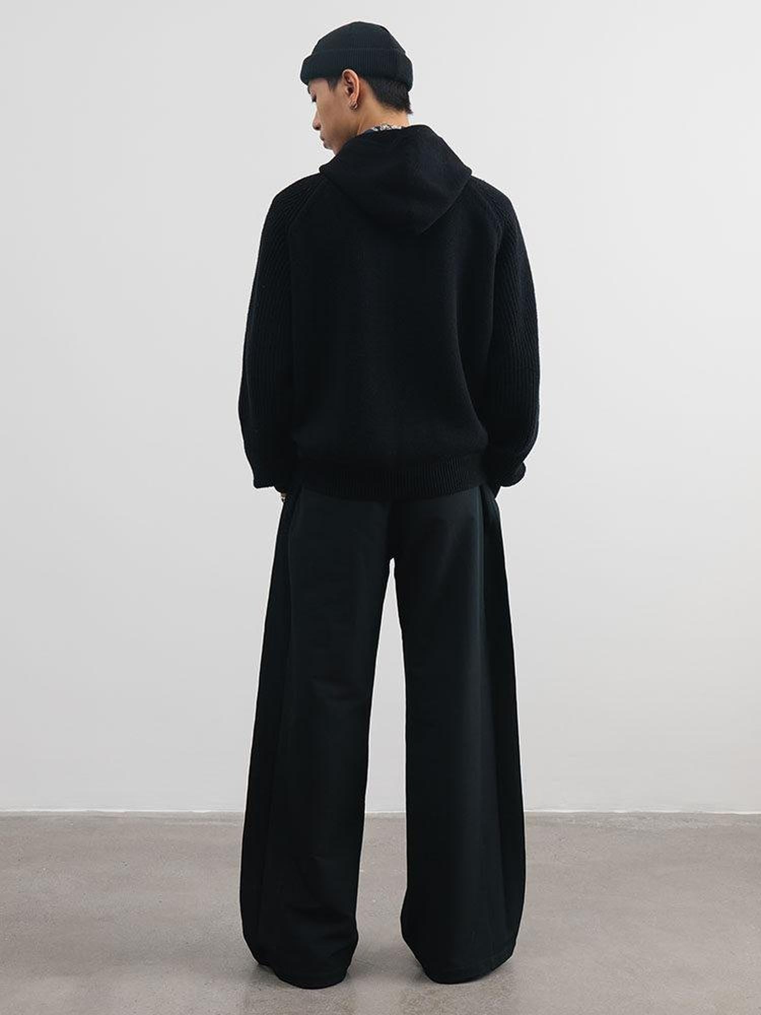 SUPERTOFU Fleece Lined Warm Straight Cut Mid Waist Casual Youth Black Solid Wide-Leg Pants
