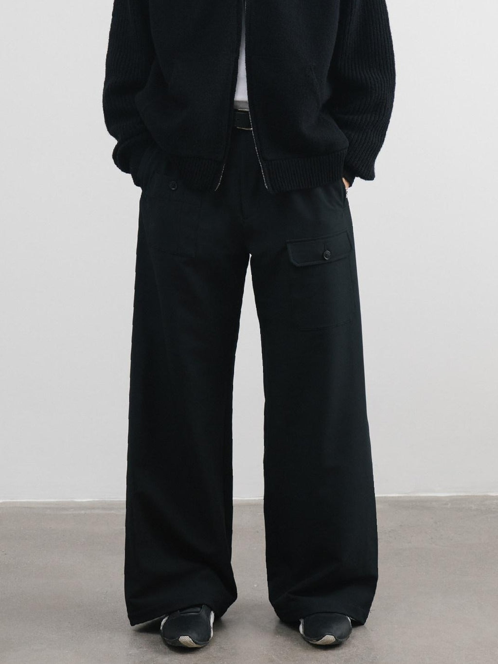 SUPERTOFU Fleece Lined Warm Straight Cut Mid Waist Casual Youth Black Solid Wide-Leg Pants