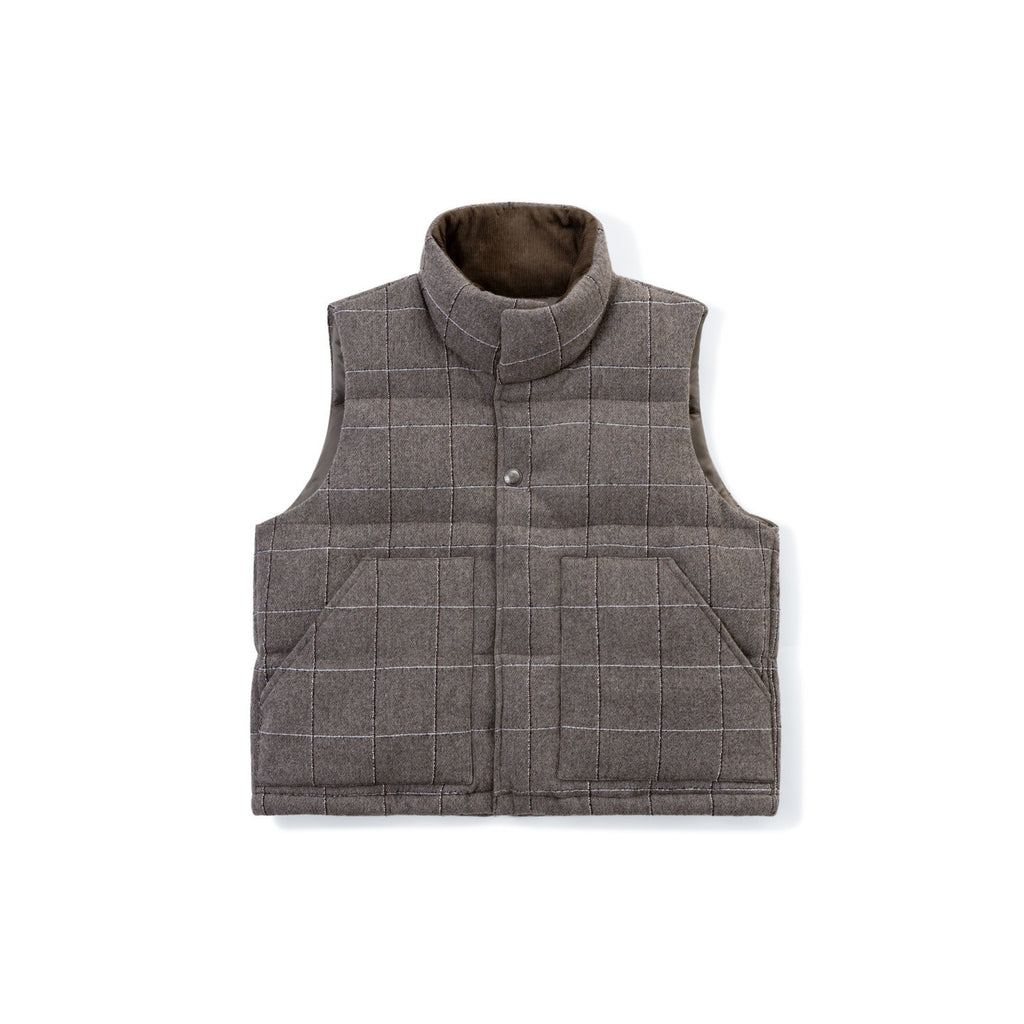 SUPERTOFU_Insulated_White_Duck_Down_Warm_Loose_Plaid_Stand_Collar_Youth_Brown_Vests_MISSTT