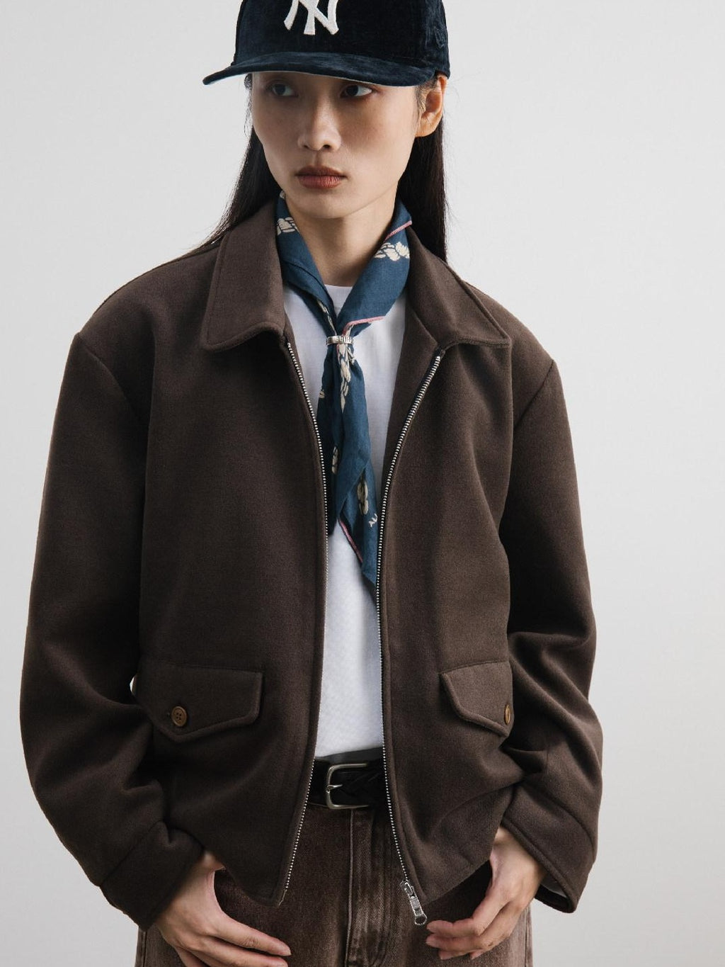 SUPERTOFU Light Zip Front Lapel Collar Regular Fit Unisex Navy Brown Casual Jackets