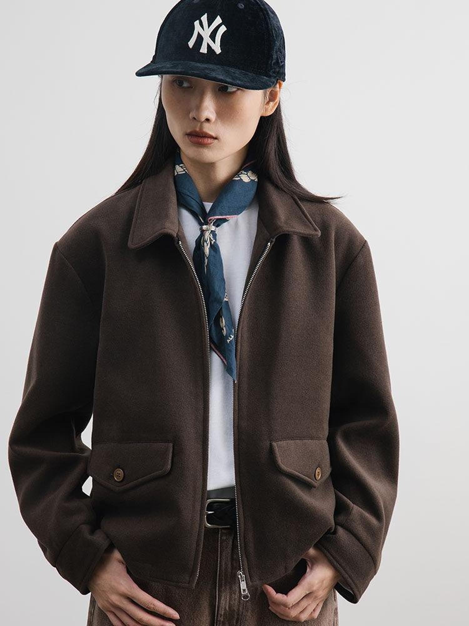 SUPERTOFU Light Zip Front Lapel Collar Regular Fit Unisex Navy Brown Casual Jackets