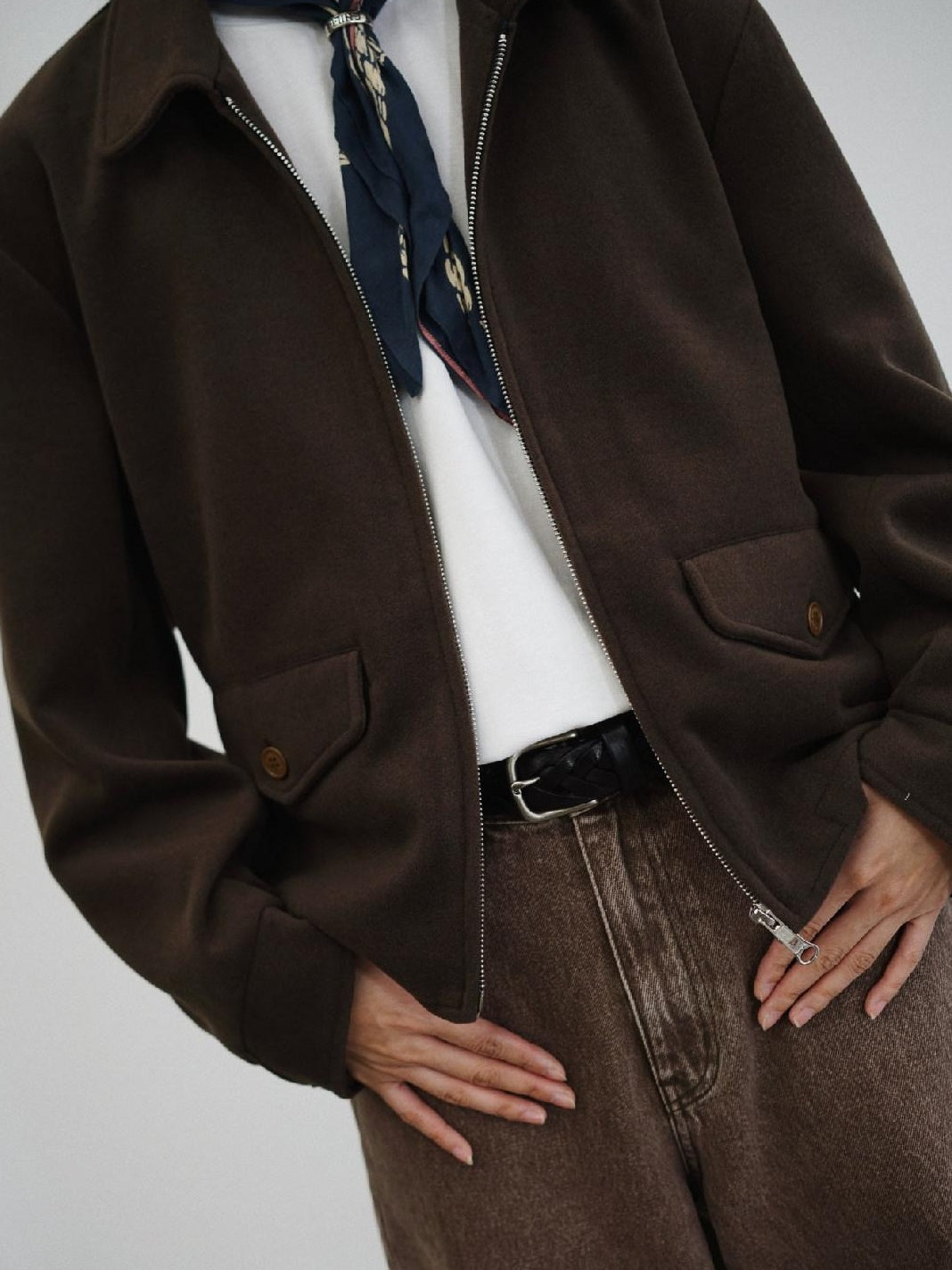 SUPERTOFU Light Zip Front Lapel Collar Regular Fit Unisex Navy Brown Casual Jackets