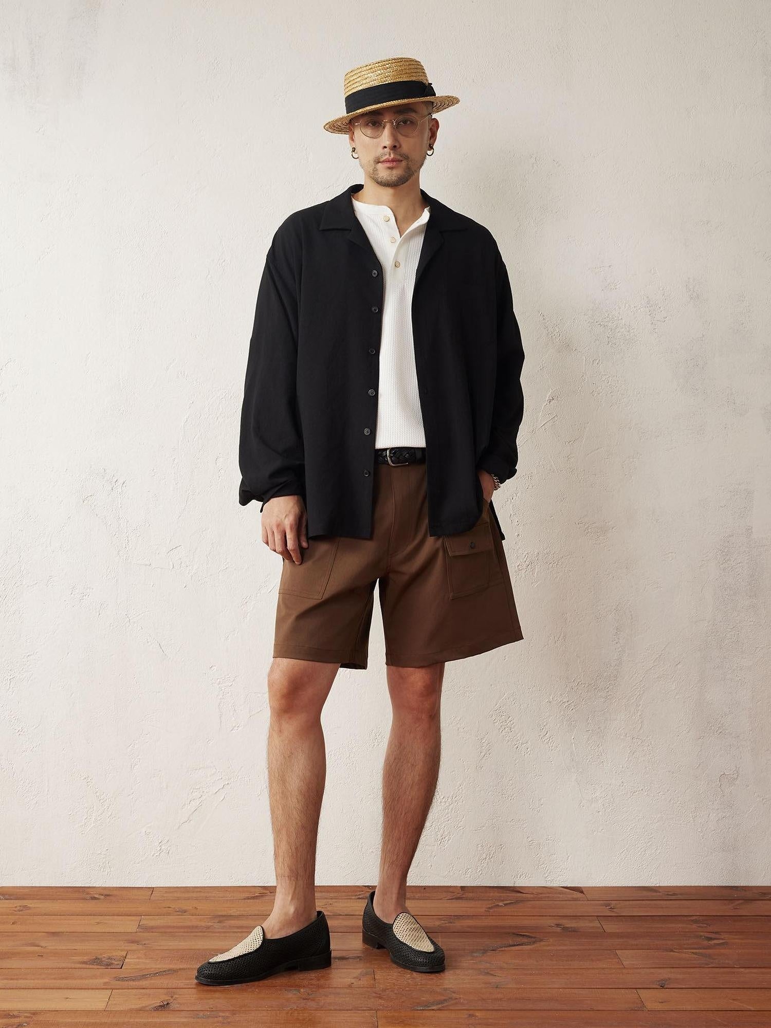 SUPERTOFU Lightweight Polyester Relaxed Mid Rise Casual Solid Black Brown Short Trousers