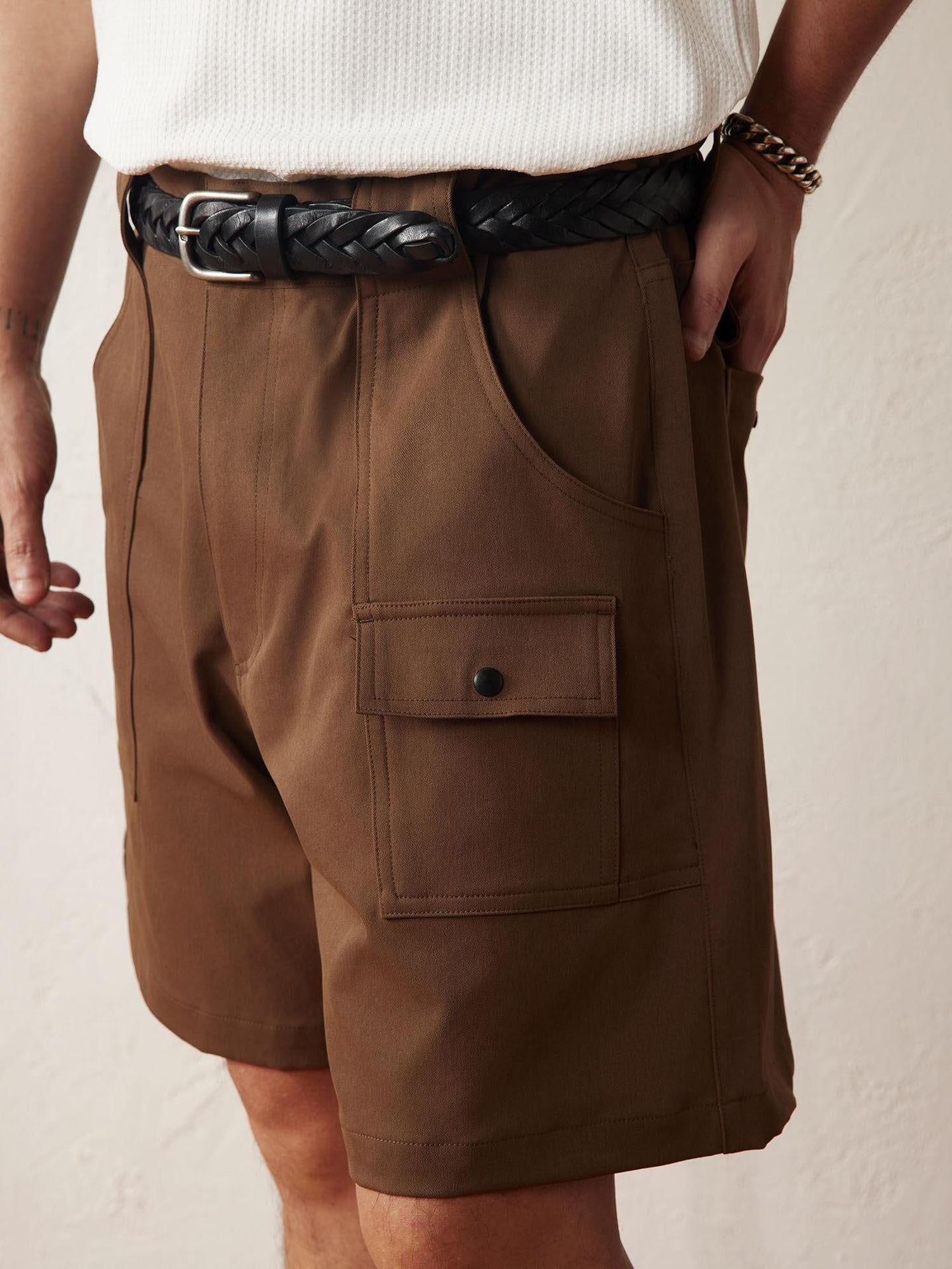 SUPERTOFU Lightweight Polyester Relaxed Mid Rise Casual Solid Black Brown Short Trousers