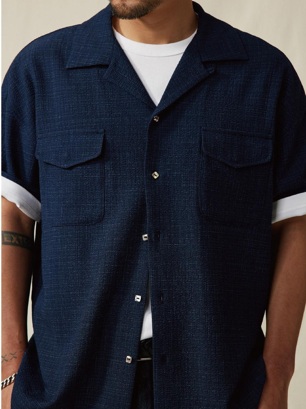 SUPERTOFU Loose Fit Vintage Cuban Collar Button Short Sleeve Unisex Polyester Blend Shirts