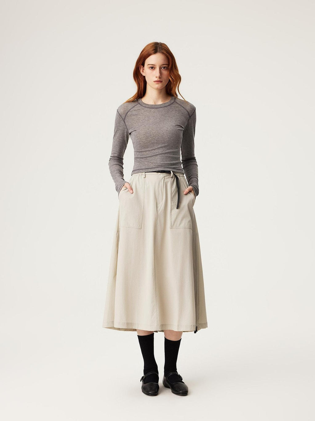 SUPERTOFU Lyocell Merino Slim Cropped Crewneck Knit Black Heather Long Sleeve T-Shirts