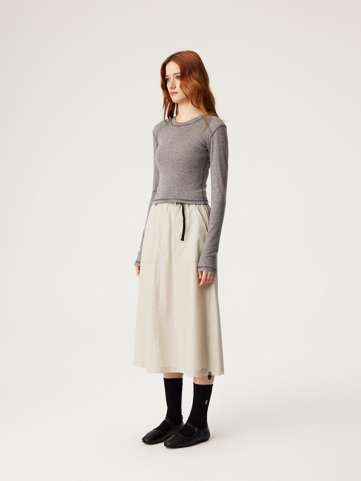 SUPERTOFU Lyocell Merino Slim Cropped Crewneck Knit Black Heather Long Sleeve T-Shirts