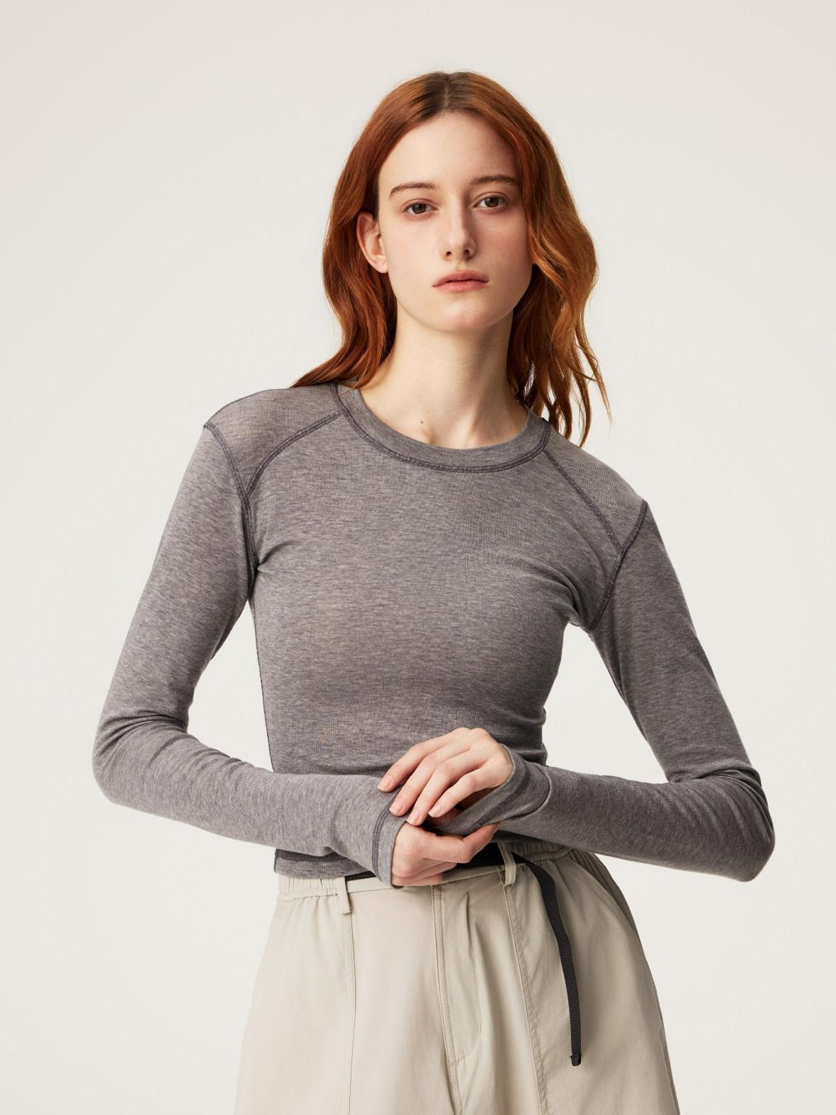 SUPERTOFU Lyocell Merino Slim Cropped Crewneck Knit Black Heather Long Sleeve T-Shirts