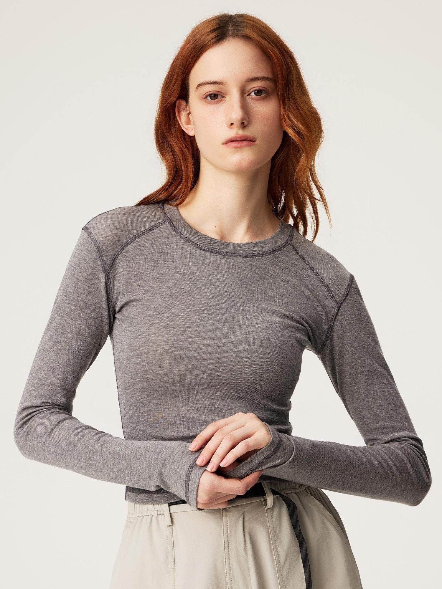 SUPERTOFU Lyocell Merino Slim Cropped Crewneck Knit Black Heather Long Sleeve T-Shirts