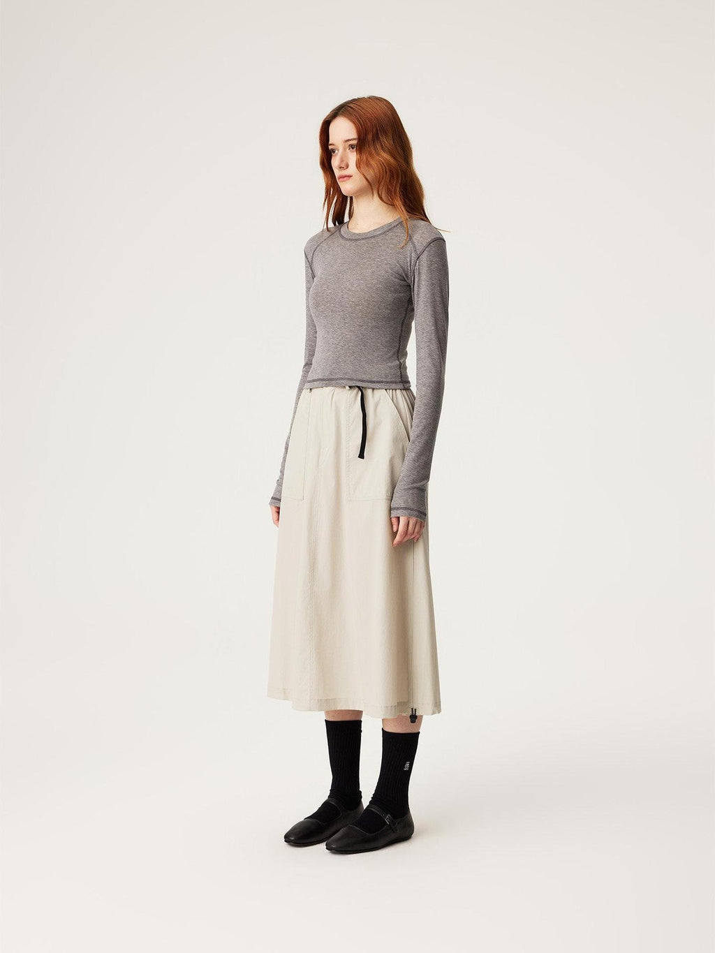 SUPERTOFU Lyocell Merino Slim Cropped Crewneck Knit Black Heather Long Sleeve T-Shirts