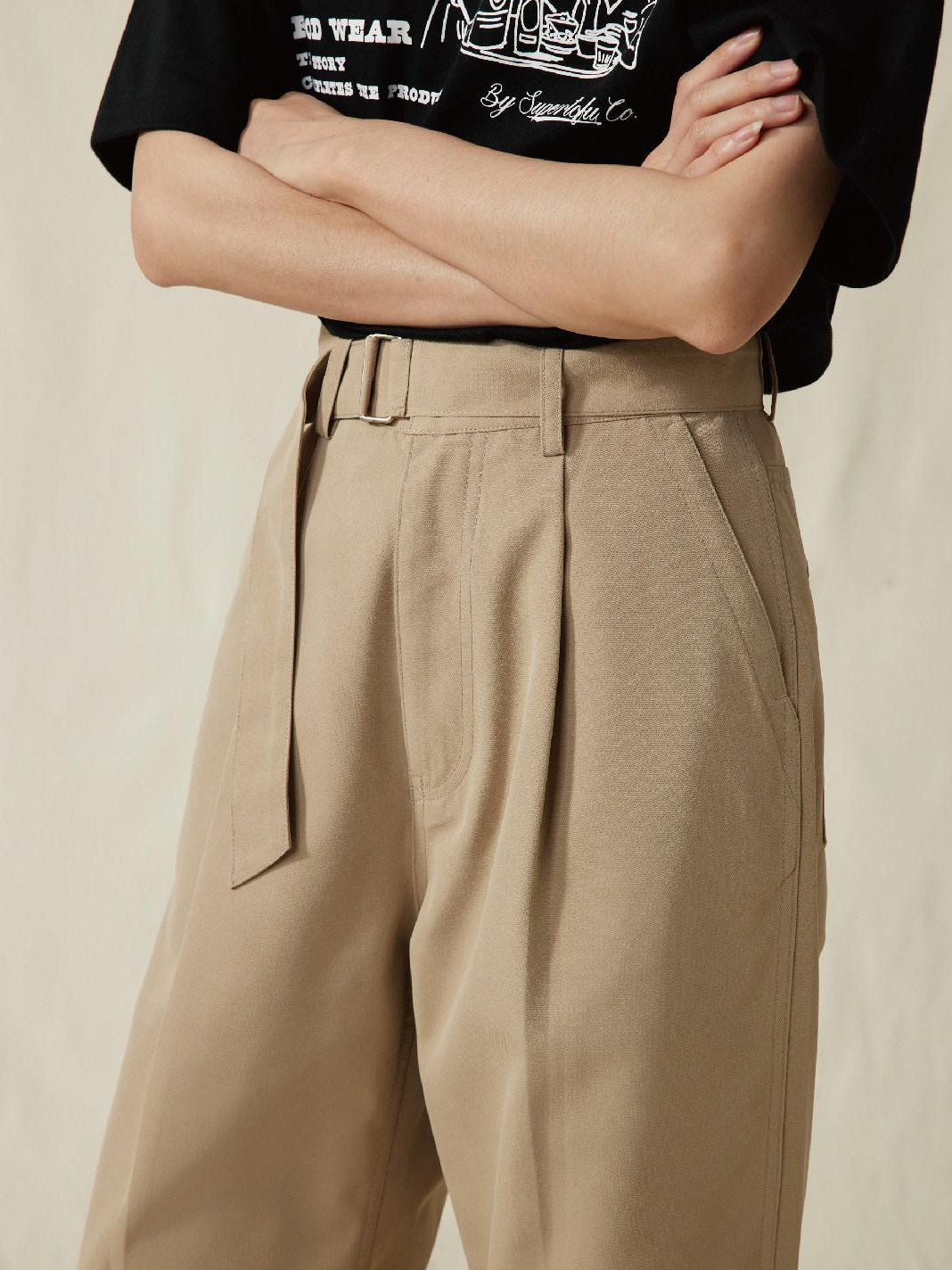 SUPERTOFU Mid Rise Loose Fit Youthful Casual Solid Khaki Black Straight Pants