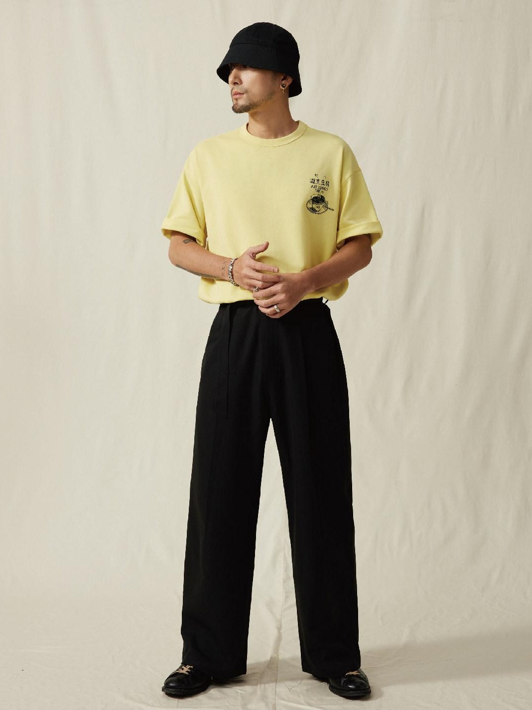 SUPERTOFU Mid Rise Loose Fit Youthful Casual Solid Khaki Black Straight Pants