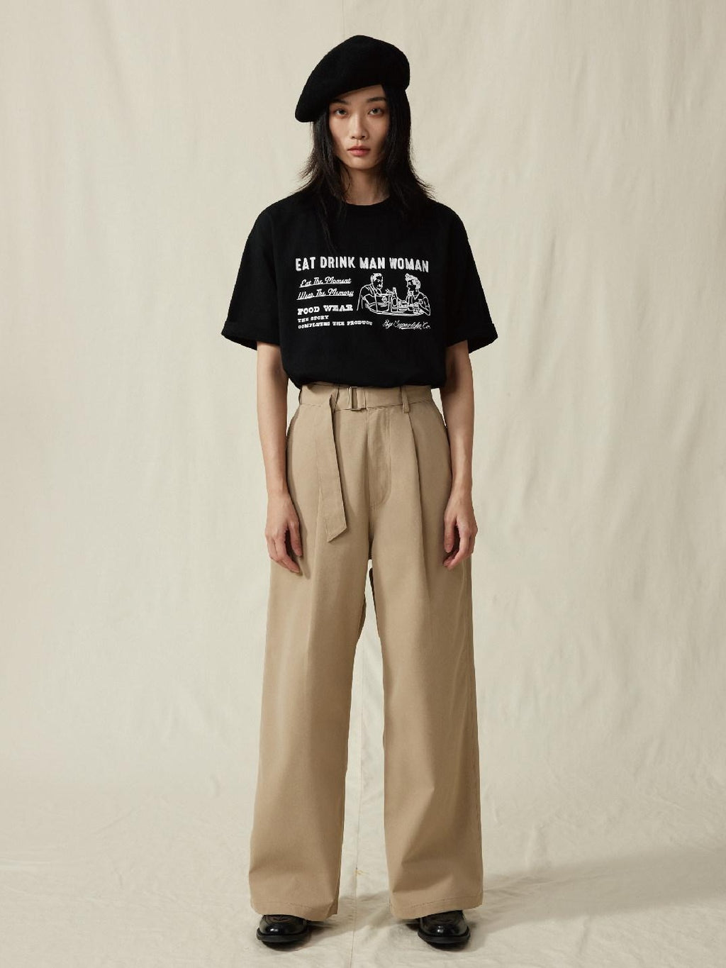 SUPERTOFU Mid Rise Loose Fit Youthful Casual Solid Khaki Black Straight Pants
