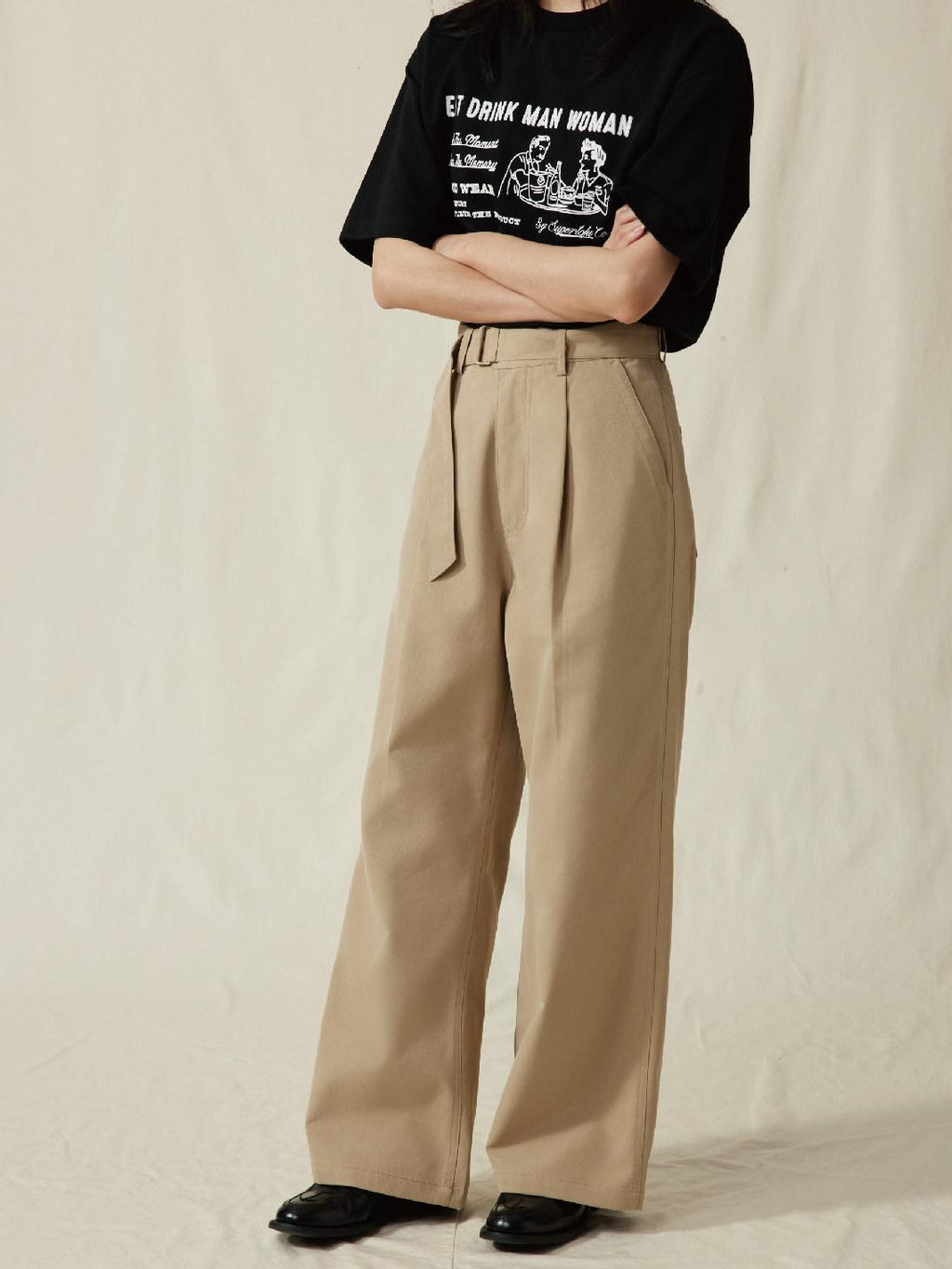 SUPERTOFU Mid Rise Loose Fit Youthful Casual Solid Khaki Black Straight Pants