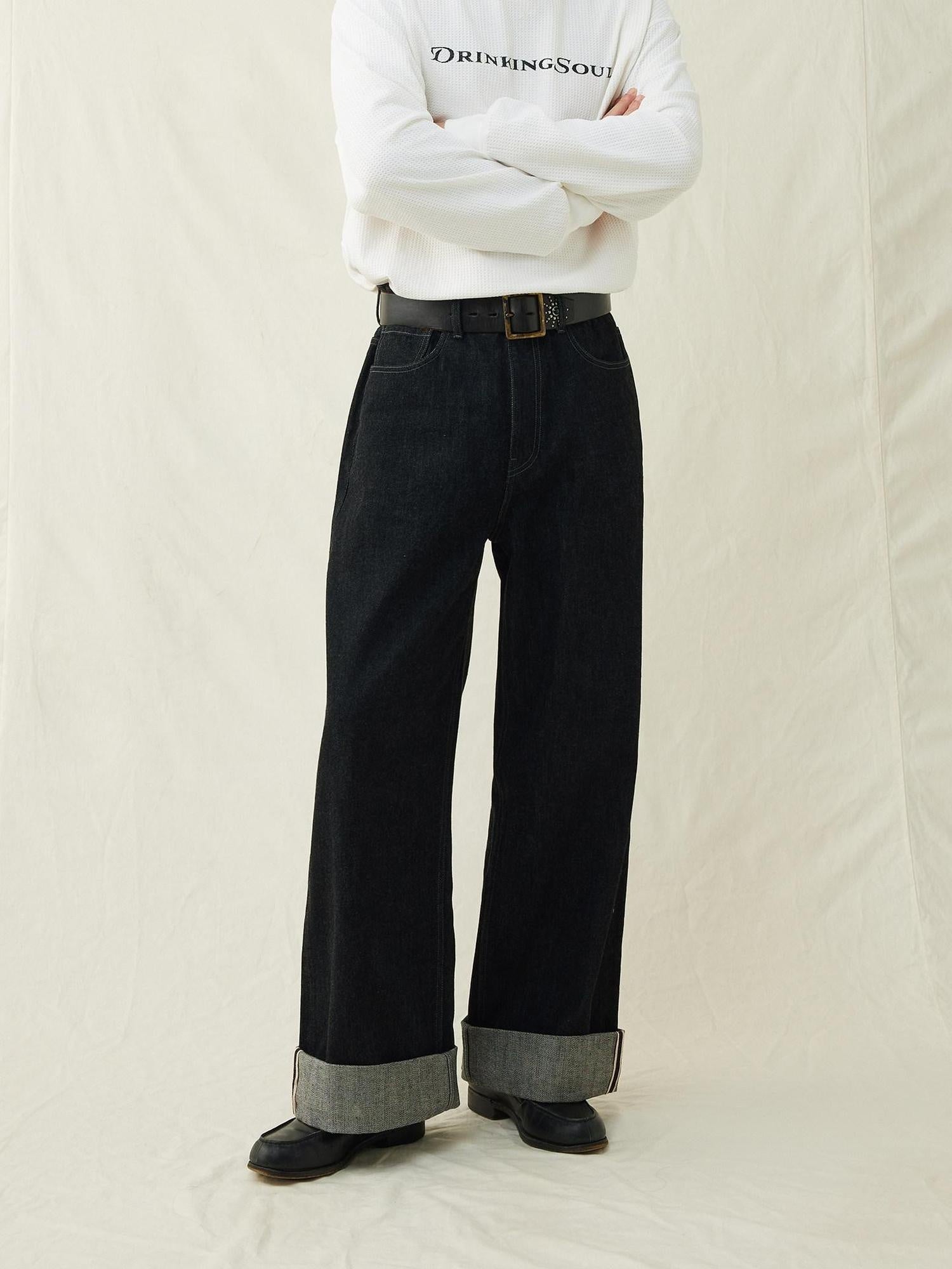 SUPERTOFU Mid Rise Selvedge Vintage Loose 100 Percent Cotton Black Youth Straight Jeans