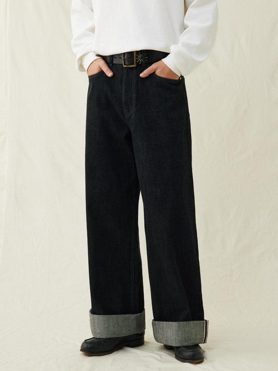 SUPERTOFU Mid Rise Selvedge Vintage Loose 100 Percent Cotton Black Youth Straight Jeans