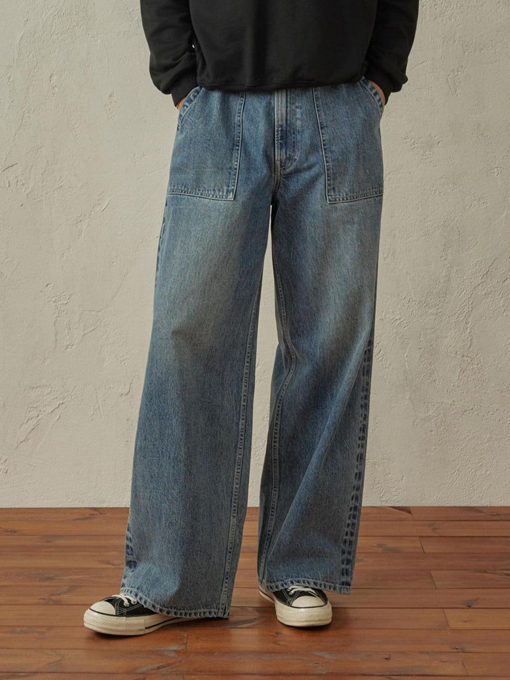 SUPERTOFU Mid Rise Washed Selvedge Vintage Button Fly Pure Cotton Wide-Leg Jeans