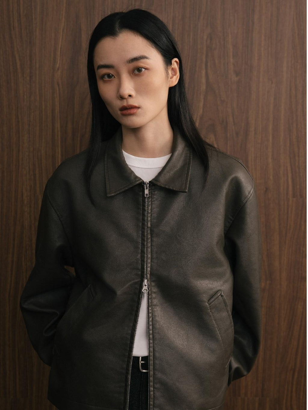 SUPERTOFU Pu Faux Leather Retro Shirt Collar Unisex Longsleeve Black Brown Leather Jackets