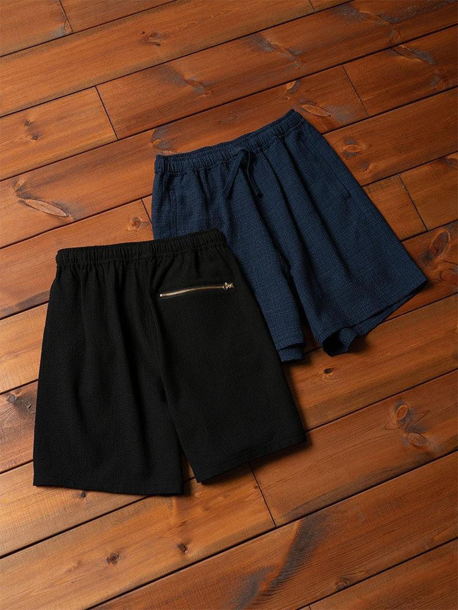 SUPERTOFU Relaxed Fit Cotton Blend Stretch Casual Solid Black Navy Short Trousers