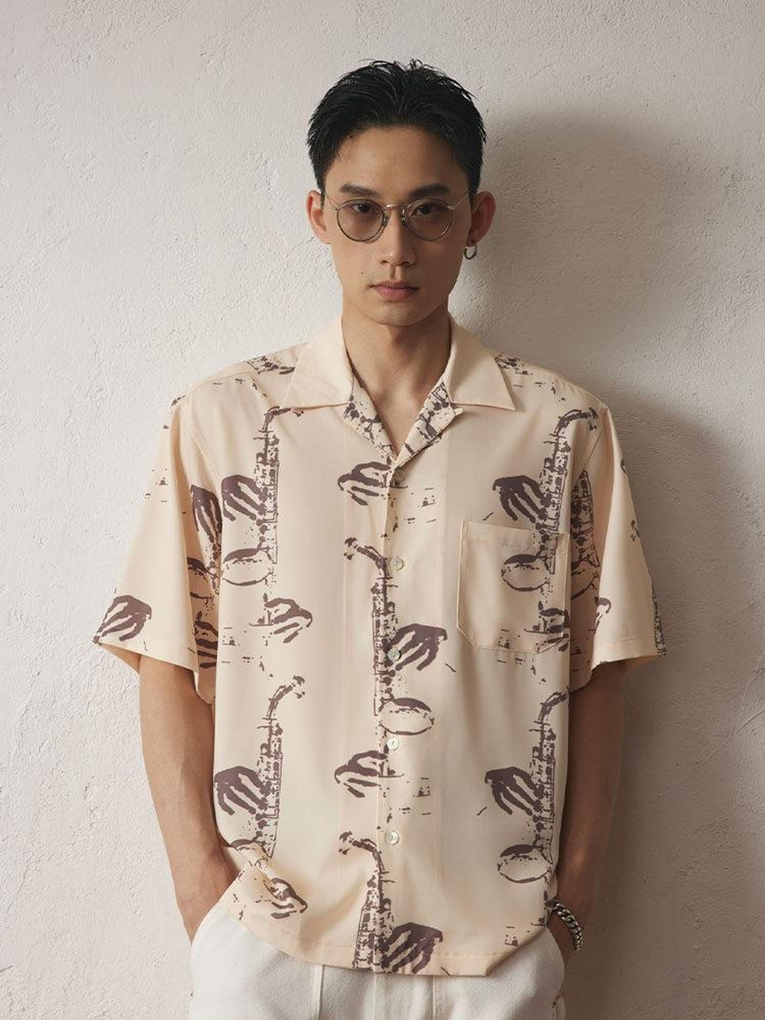 SUPERTOFU Relaxed Fit Cuban Collar Short Sleeve Vintage Rock Print Unisex Khaki Shirts