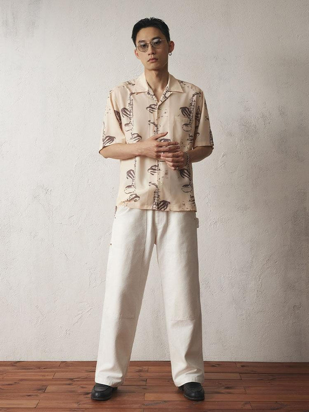 SUPERTOFU Relaxed Fit Cuban Collar Short Sleeve Vintage Rock Print Unisex Khaki Shirts