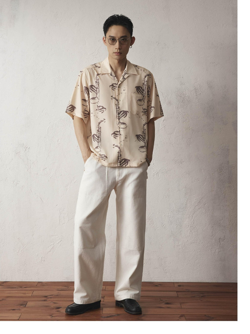 SUPERTOFU Relaxed Fit Cuban Collar Short Sleeve Vintage Rock Print Unisex Khaki Shirts