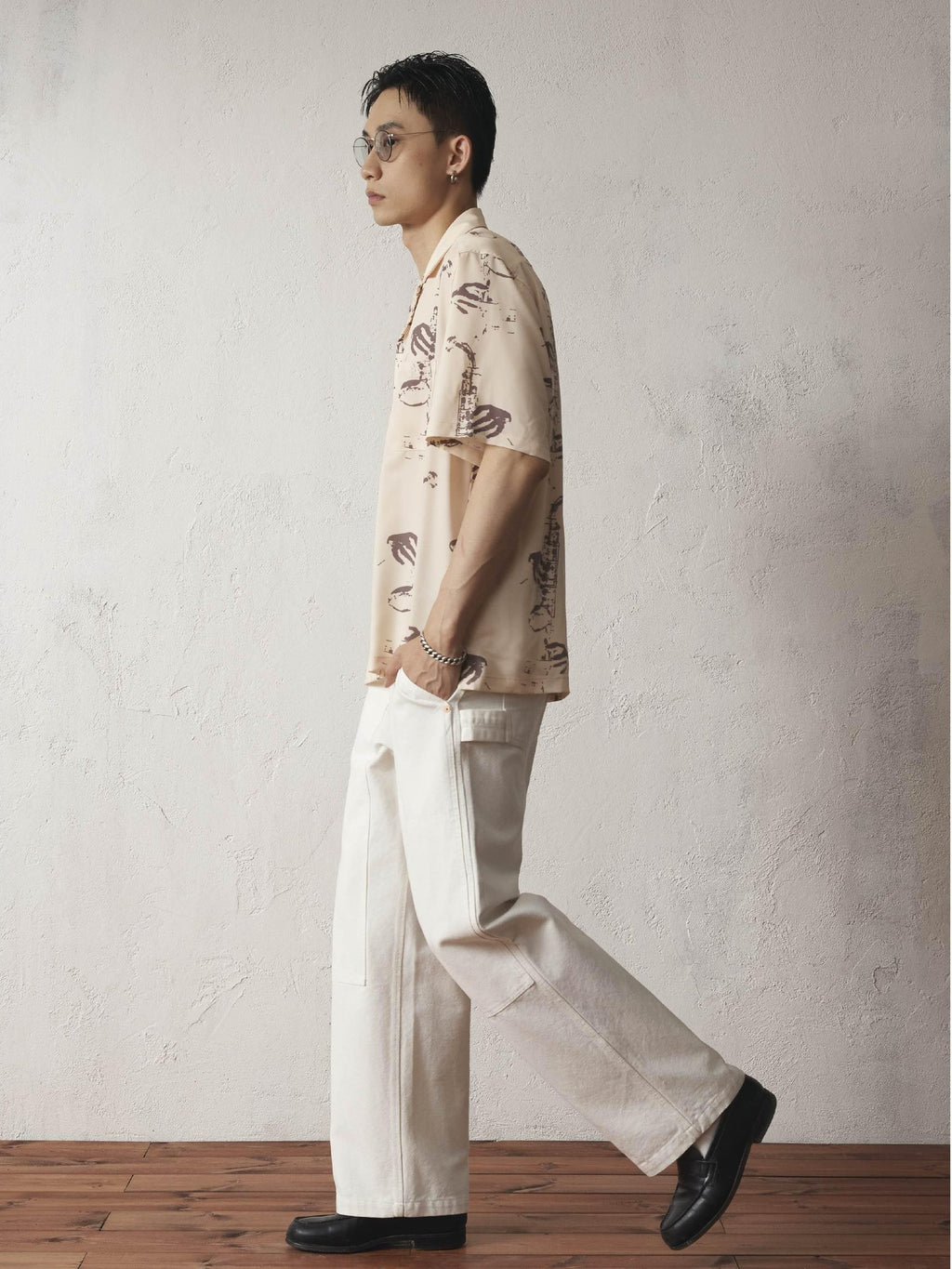 SUPERTOFU Relaxed Fit Cuban Collar Short Sleeve Vintage Rock Print Unisex Khaki Shirts