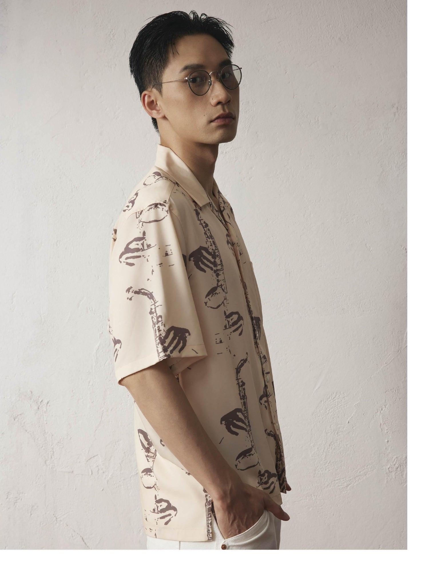 SUPERTOFU Relaxed Fit Cuban Collar Short Sleeve Vintage Rock Print Unisex Khaki Shirts
