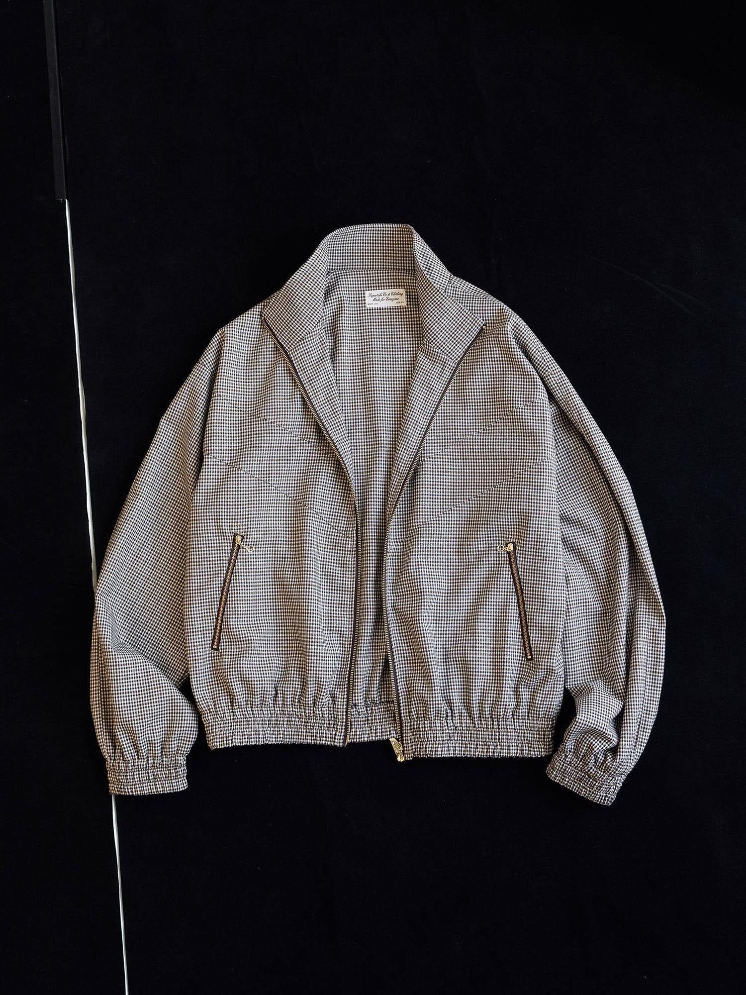 SUPERTOFU Retro Houndstooth Loose Fit Stand Collar Elastic Hem Unisex Zip Track Jackets