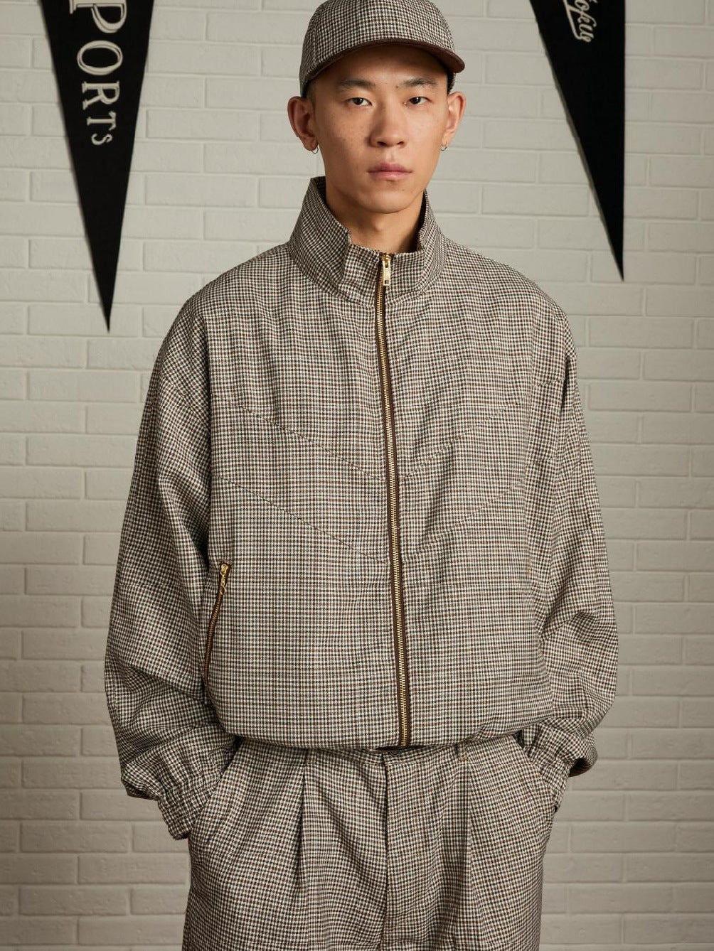 SUPERTOFU Retro Houndstooth Loose Fit Stand Collar Elastic Hem Unisex Zip Track Jackets