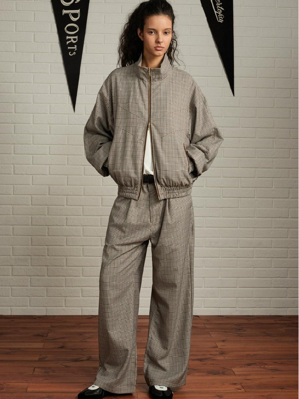 SUPERTOFU Retro Houndstooth Loose Fit Stand Collar Elastic Hem Unisex Zip Track Jackets